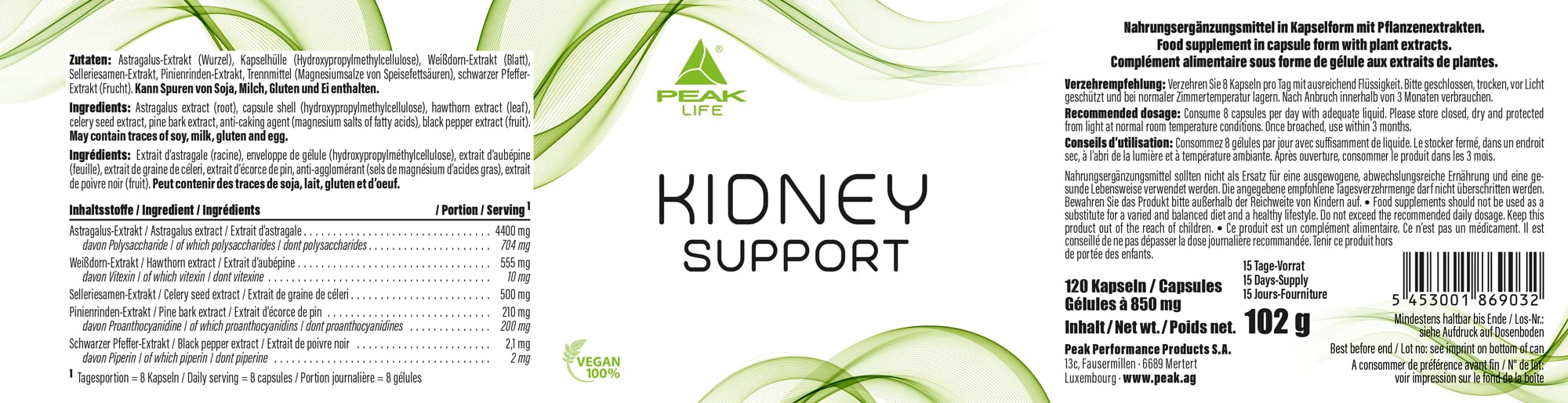 PEAK Kidney Support - 120 Kapseln I 15 Portionen I zur Unterstützung der Nieren mit Astragalus Extrakt, Hawthorn Extrakt, Sellerie I zur Entwässerung I vegan