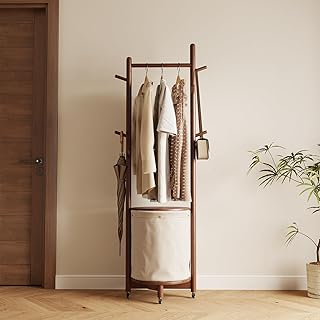 Solid Wood Coat Rack with Fabric Basket - Coat Hanger Stand Coat Tree Rack Freestanding with 9 Hooks Wheels, Small Clothes Rack For Entryway Bedroom Hallway Living Room