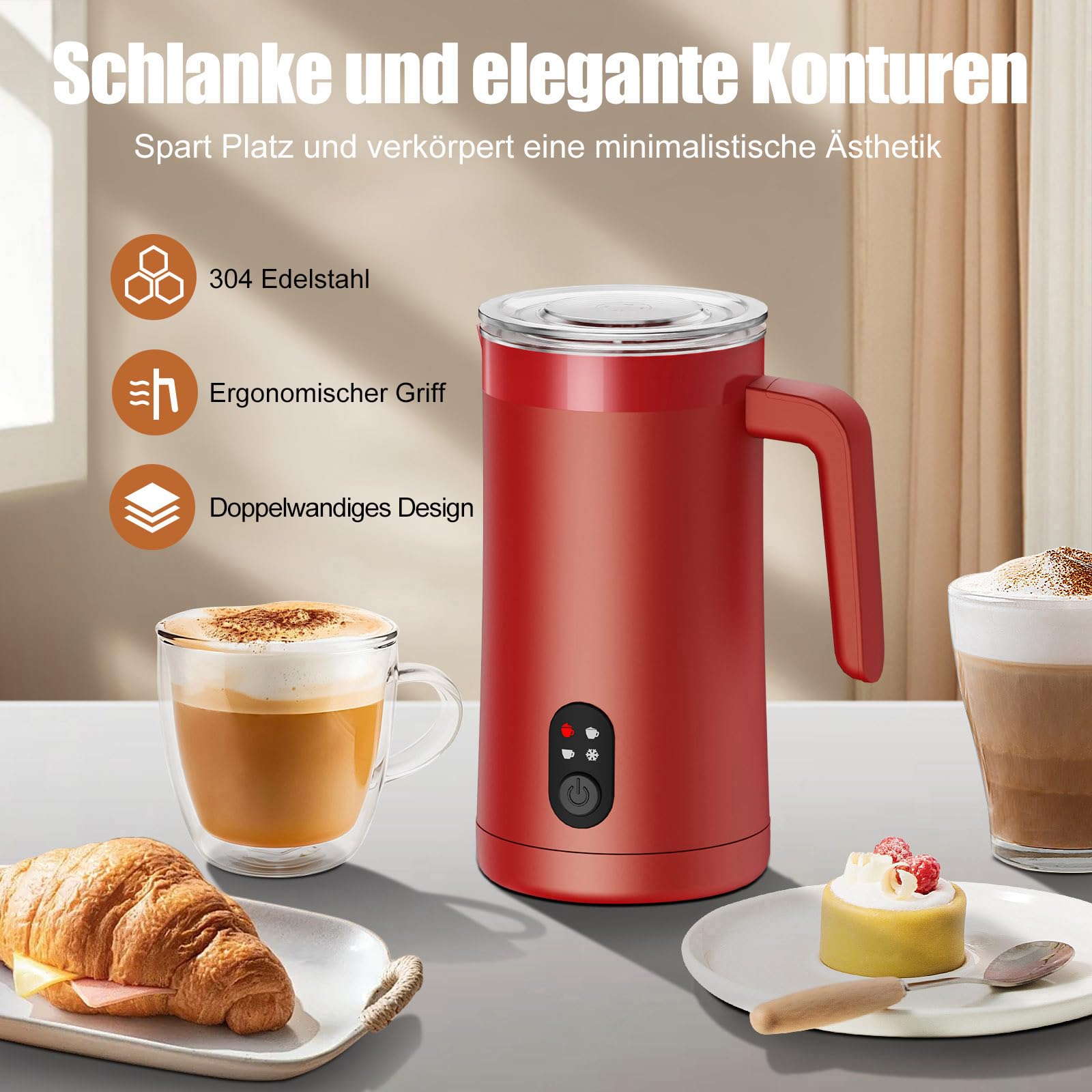 Milchaufschäumer, 400 ml Milchaufschäumer Elektrischer 4-in-1 für Heißen und Kalten Milchschaum, Automatische Abschaltung Kaffee Aufschäumer für Latte, Macchiato, Cappuccino(Rot)