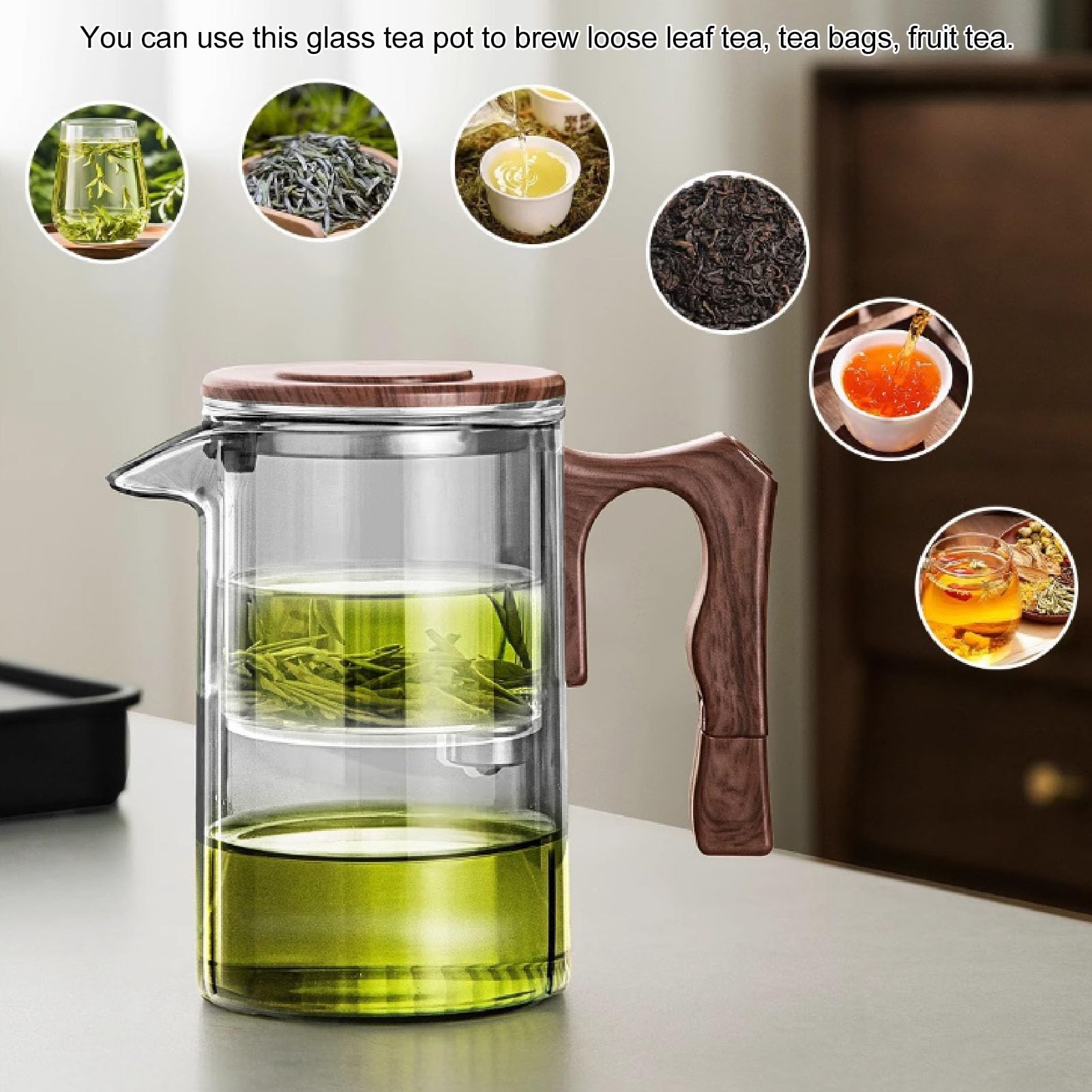 Teekanne aus Glas für losen Tee mit Sieb (Transparent 750ml) | Teebehälter, Holzgriff, Tee-Wasser-Trennung, Loseblatt-Teebereiter, hitzebeständig, für das Heimbüro