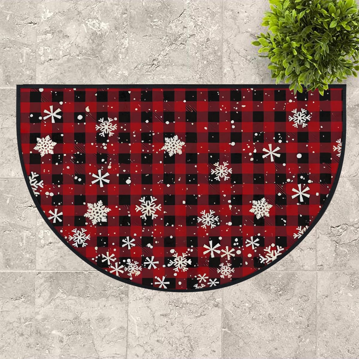 Mexpekil Paillasson de Noël en demi-lune pour intérieur et extérieur - Motif carreaux rouges - Demi cercle - Absorbant la saleté - 100 x 160 cm