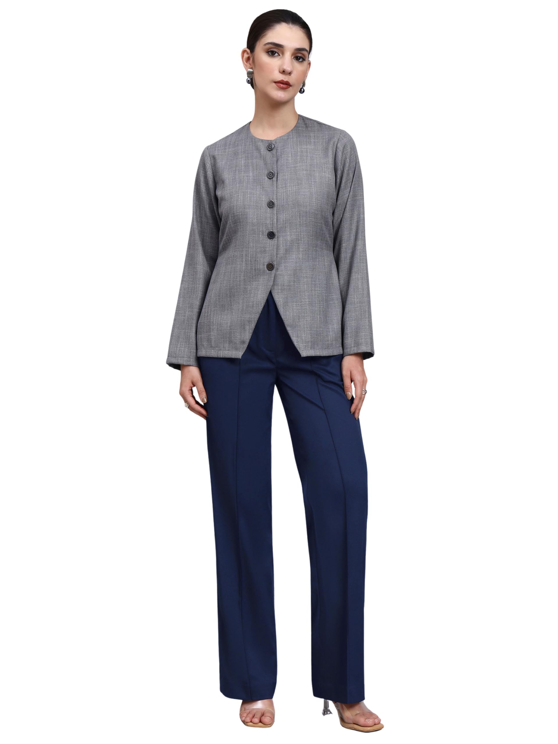 Grey Textured Co-ord Set for Women | Formal Waistcoat Set | Office Wear 2-Piece Round Neck-image-39