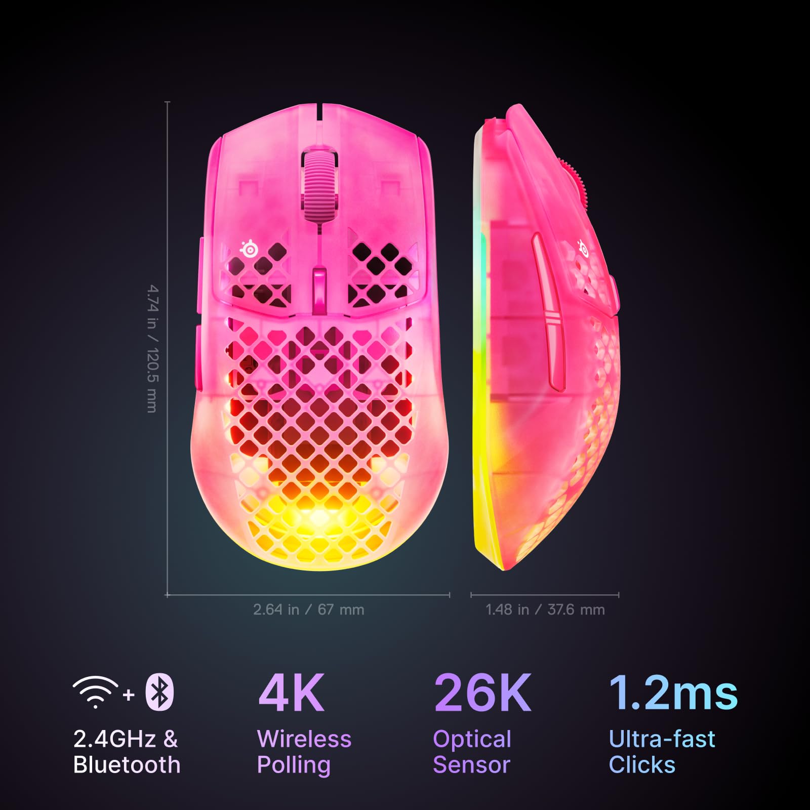 SteelSeries Aerox 3 Wireless Gen 2 - Super-Light 68g Gaming Mouse, 4K Polling, 26K DPI Optical Sensor, 200 Hour Battery, IP54 Water Resistant, 80m Click Durability, RGB, 100% PTFE Feet - Magenta Haze - 2