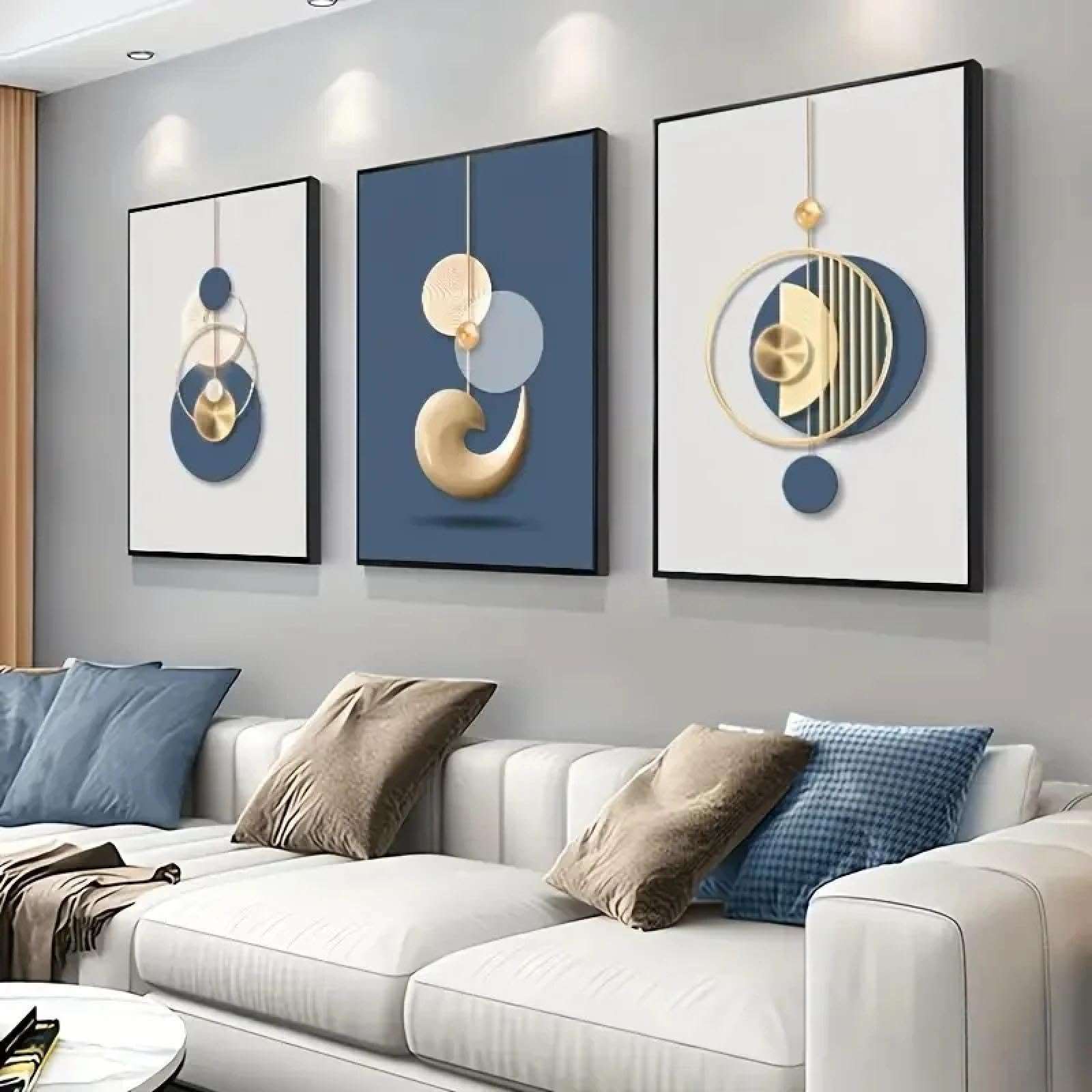 Póster de lienzo de 3 piezas para decoración de pared, arte moderno, impresiones gráficas abstractas en azul dorado para dormitorio, sala de estar, pasillo, 70 x 100 cm x 3, sin marco