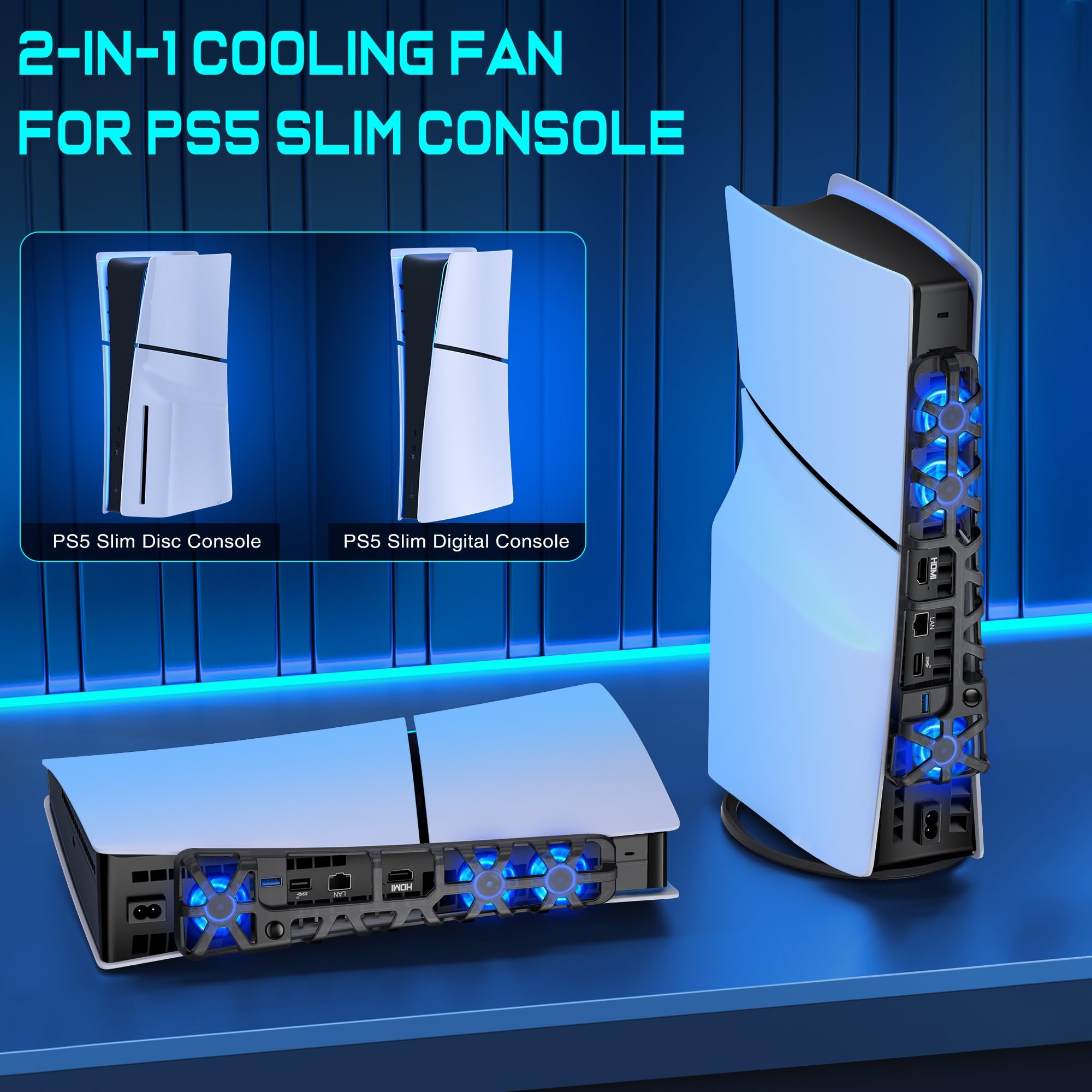 ALEEMTRY PS5 Zubehör, PS5 Lüfter mit 3 Windgeschwindigkeiten, PS5 Lüfter Kühler mit USB-Ladeanschluss/LED-Licht für PS5 Slim Disc und Digital Edition Konsole