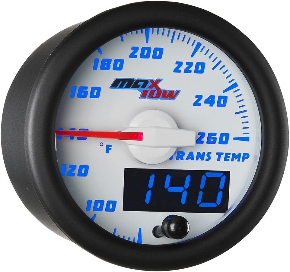 MaxTow Double Vision 260 F Transmission Temperature Gauge Kit - Includes Electronic Sensor - White Gauge Face - Blue LED Illuminated Dial - Analog & Digital Readouts - for Trucks - 2-1/16" 52mm