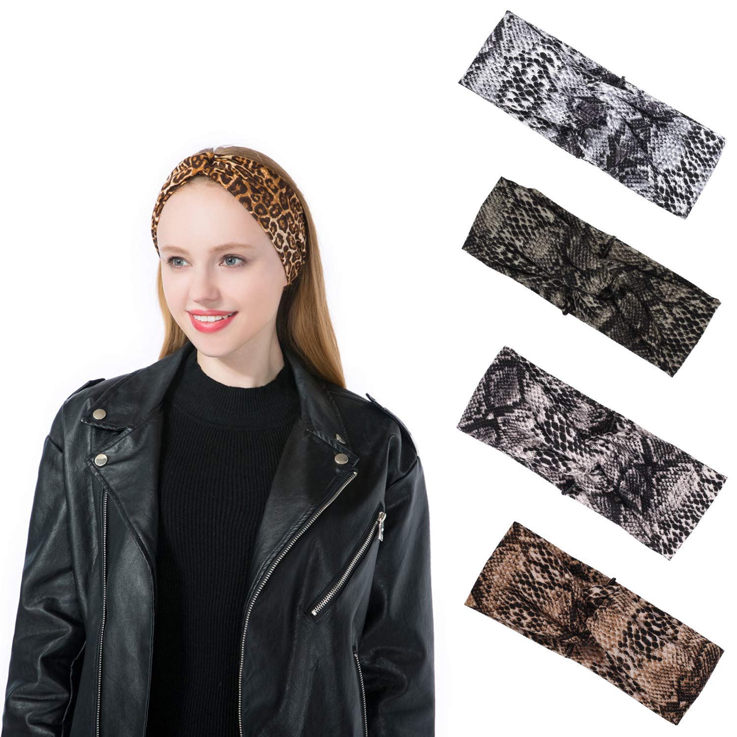 DINPREY Animal Print Leopard Headband Bandana Knot Snake Print Headbands  Criss Cross Hair Band Sports Yoga Head Wrap for Womens (4 Pack snake Print)
