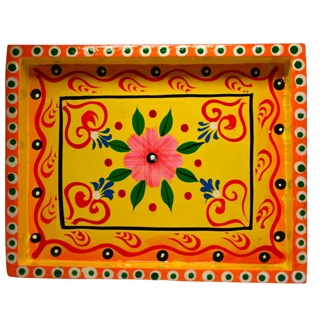 Handcrafted Wooden Decorative Trolley Tray | Traditional Hand-Painted Square Serving & Display Tray with Wheels for Home Decor & Gifting (Yellow) 3