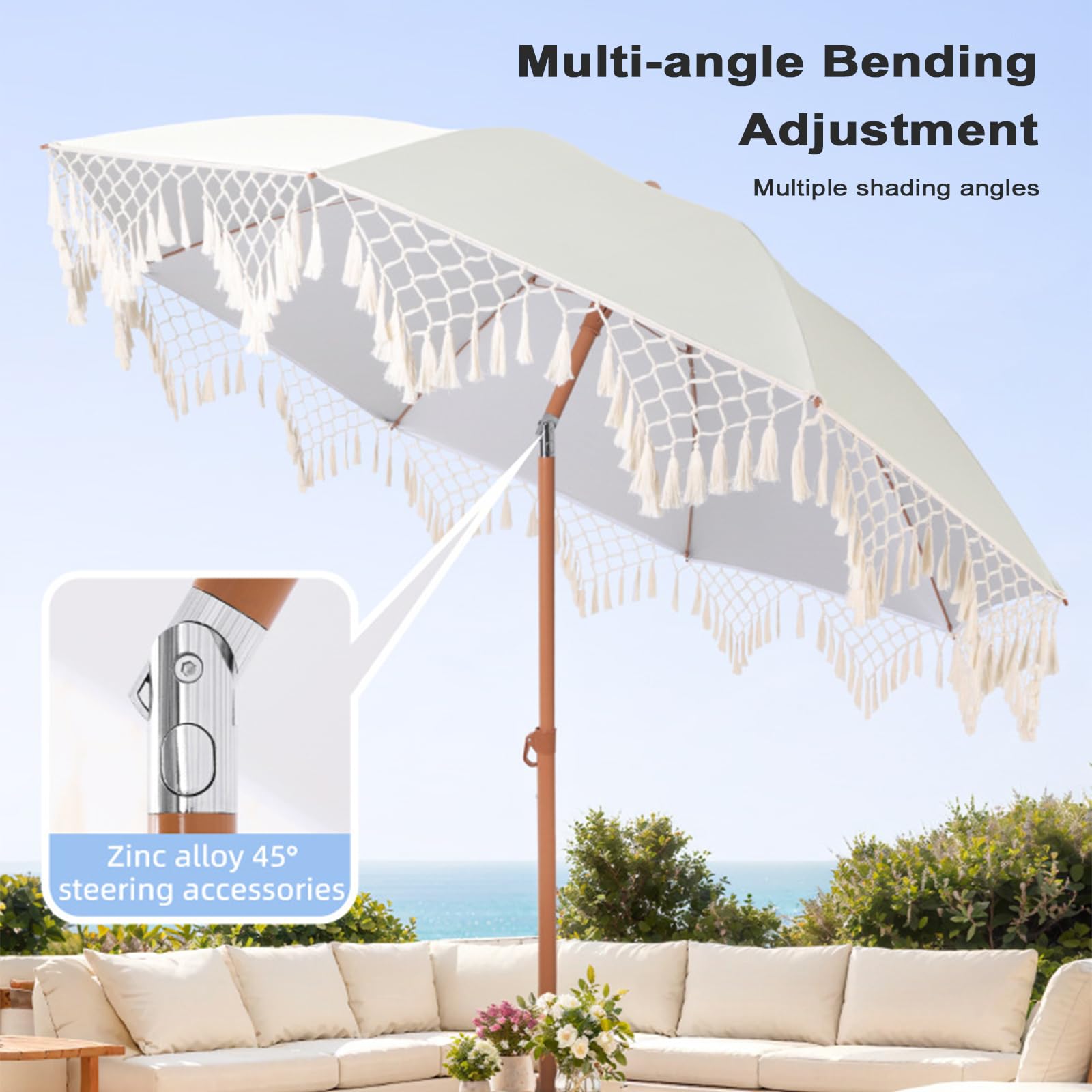 Sombrilla de Playa con Flecos 200cm Inclinable Regulable, Sombrilla Bohemia Portátil con Bolsa para Jardín Terraza Piscina, Protección Solar UPF 50+ Impermeable