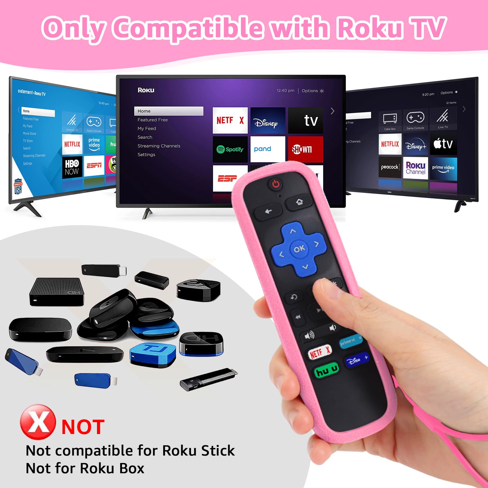 Mando a distancia de repuesto para TV Roku con funda de silicona suave rosa, mando a distancia universal para televisores inteligentes TCL Roku/Hisense Roku/Onn Roku/Westinghouse Roku/Philips Roku (no