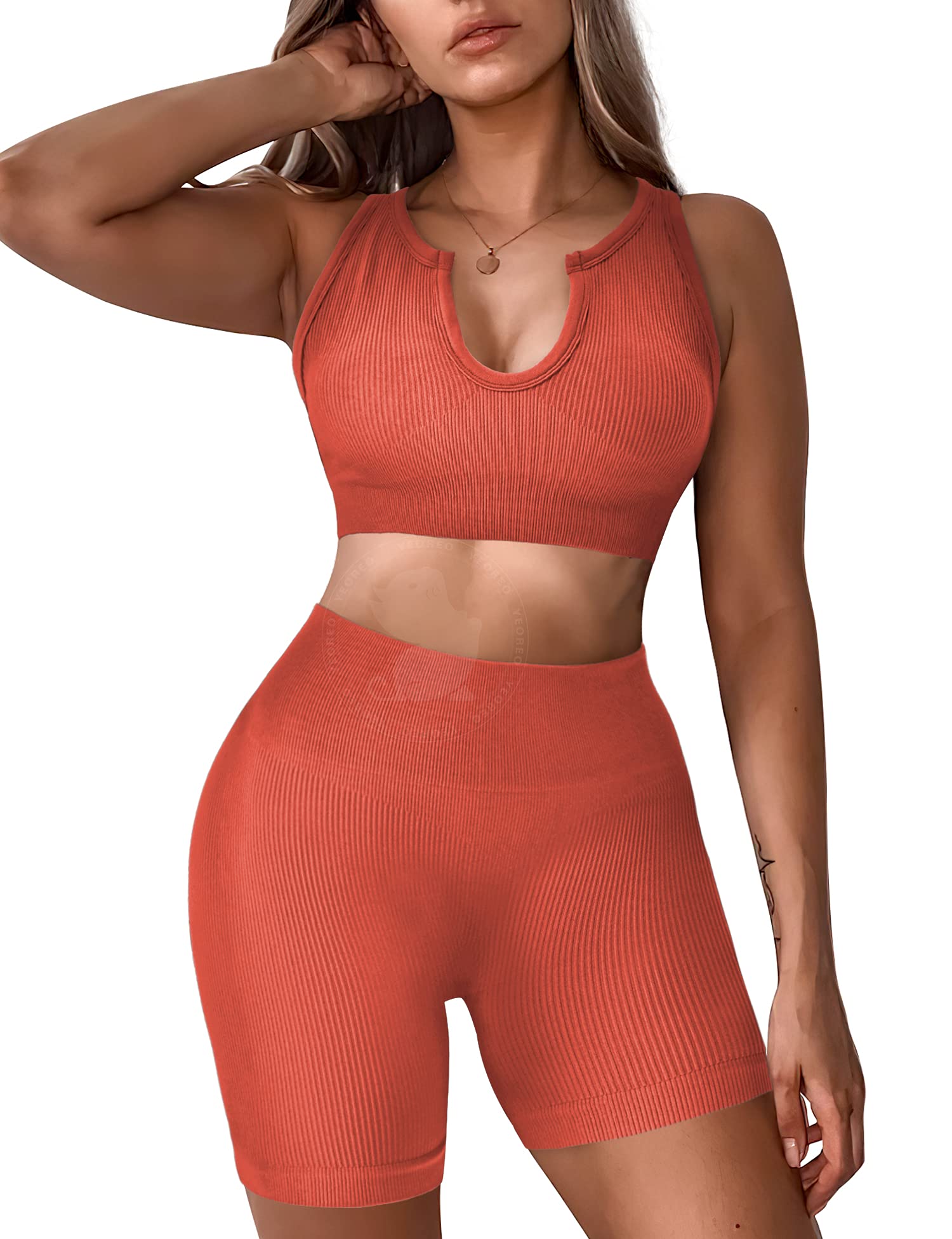 YEOREOWomen 2 Pieces Workout Set High Waist Seamless Yoga Outfit Ribbed Sports Bra V Neck Sleeveless Activewear