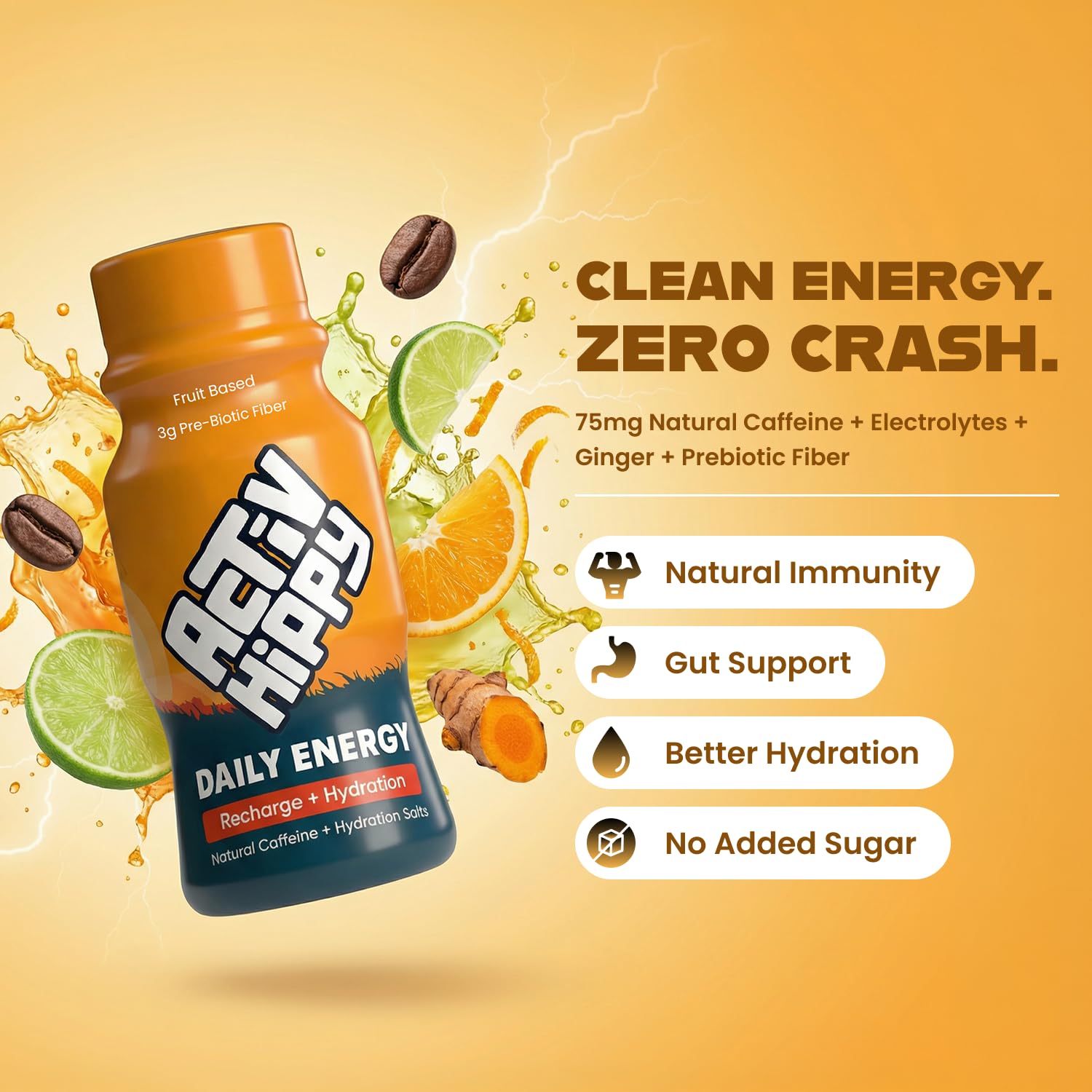 ActivHippy Daily Energy Drink Shots | With 75 mg Natural Caffeine | No Added Sugar | Ginger Lemon Flavour| Pack of 6 x 60 ml 2