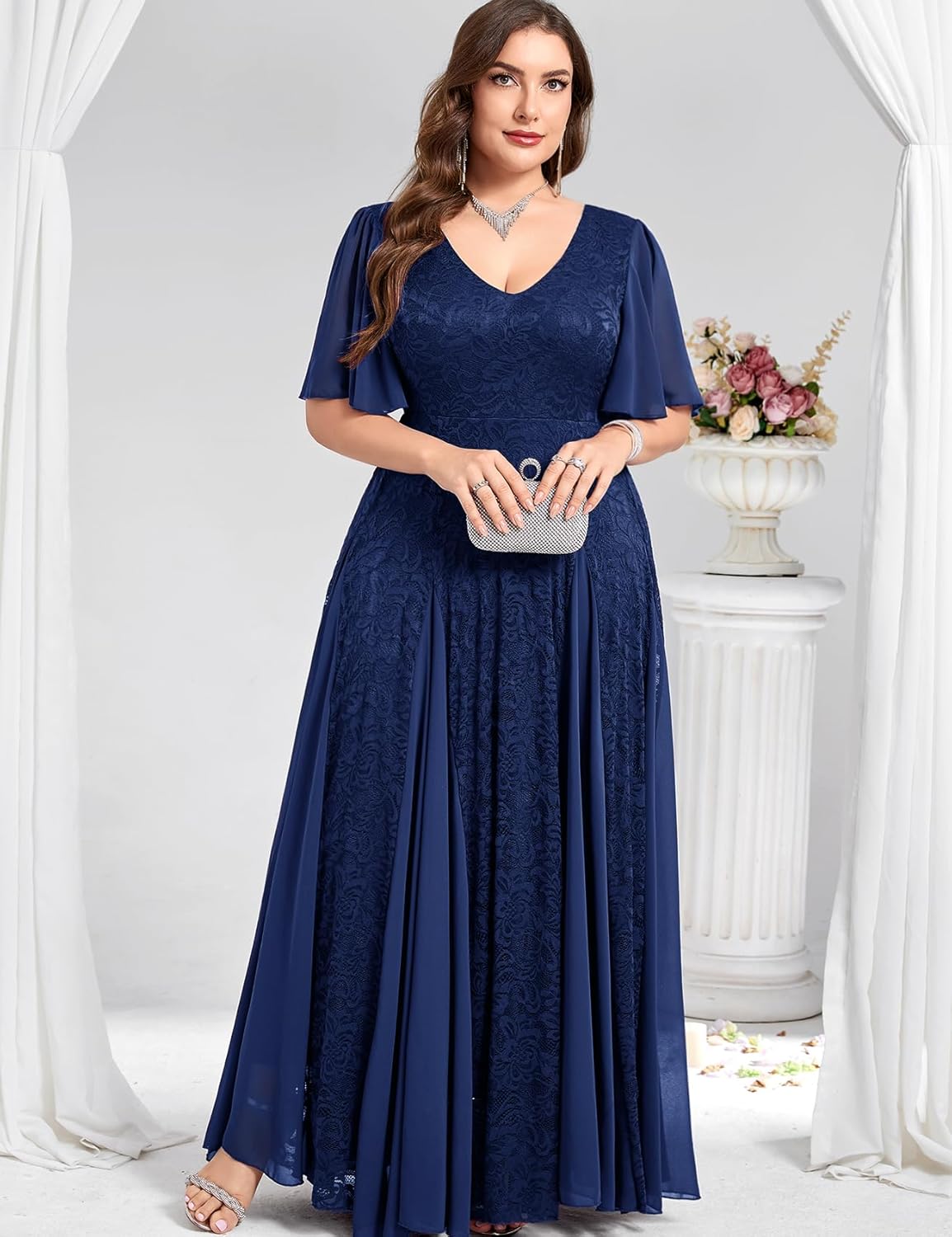 Plus Size Formal Lace Dress Maxi V Neck A-line Chiffon Wedding Guest Prom Evening Gown Gala Elegant Black Tie - Image 4