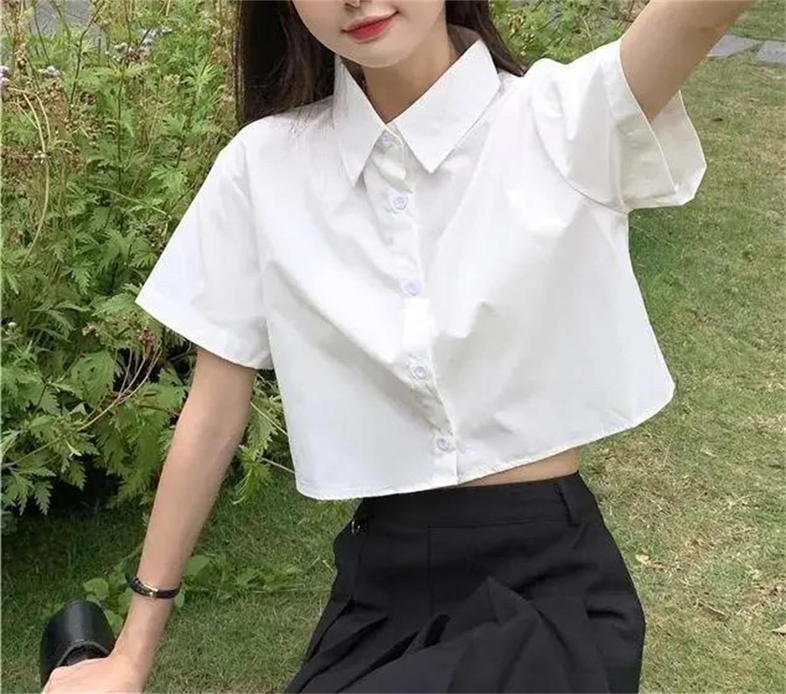 Genérico Camisa Informal Holgada de Manga Corta con Cuello Vuelto, Corte Recto y Botones Delanteros para Mujer (Manga Larga con Lazo)
