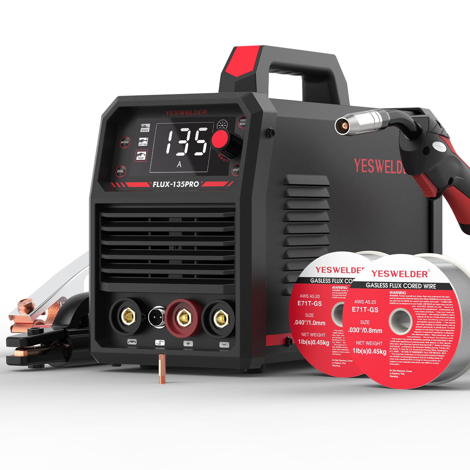 YESWELDER 135Amp Gas Free Wire Welder 230V MIG Welder Flux Core MIG/Lift TIG/ARC 3 in 1 Welder Large LED Digital Display with Welding Wire 2 Packs Global Recycled Standard Global Recycled Standard Global Recycled Standard