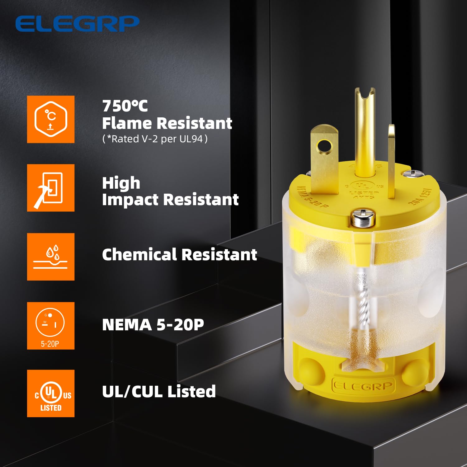 ELEGRP Lighted 20 Amp 125 Volt NEMA 5-20P 2 Pole 3 Wire Grounding Straight Blade Electrical Plug Replacement Cord Outlet Commercial Grade, Yellow, 5 Pack