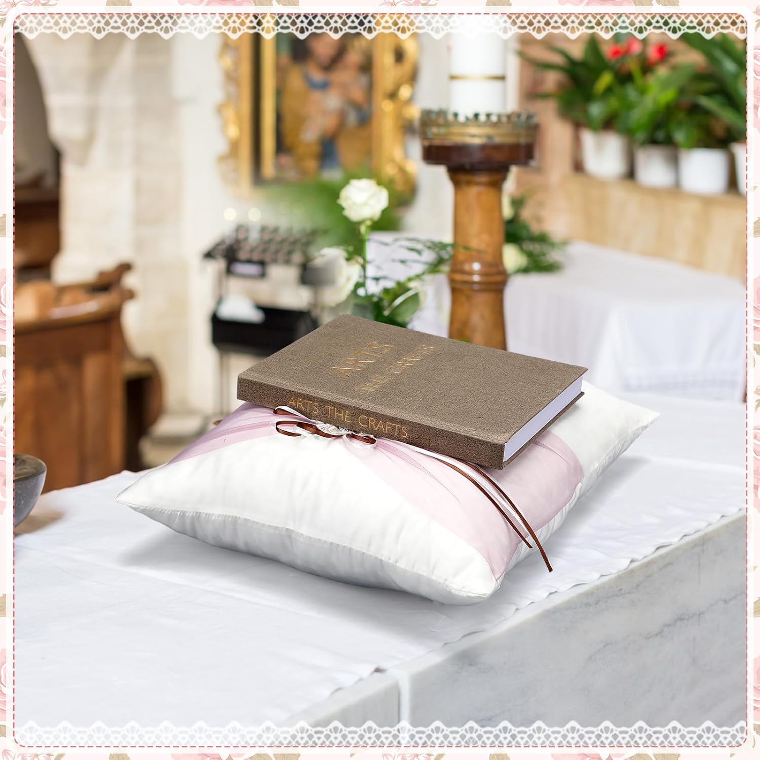 SmoothNovelty Set of 2 Wedding Kneeling Pillows Cover, 17 x 15 Inch Embroidered Nuestra Boda Prayer Kneeling Pillows, Cushion Covers Crystal Flower Satin Lace, Decoration for Bodas (Vintage)
