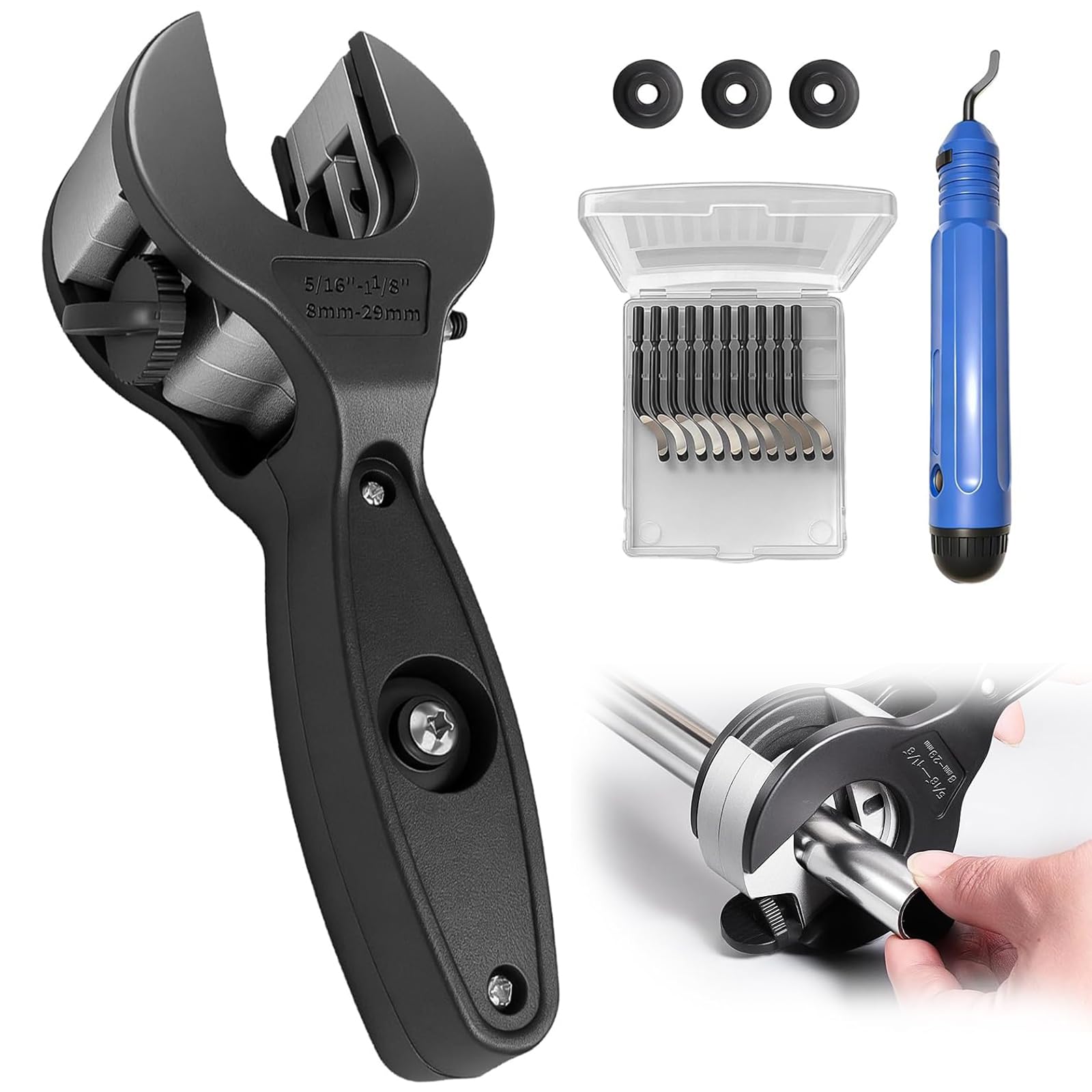 Tagliatubi a Cricchetto 8-29mm PVC Rame Multistrato con 3 Lame Ricambio Svasatore Kit