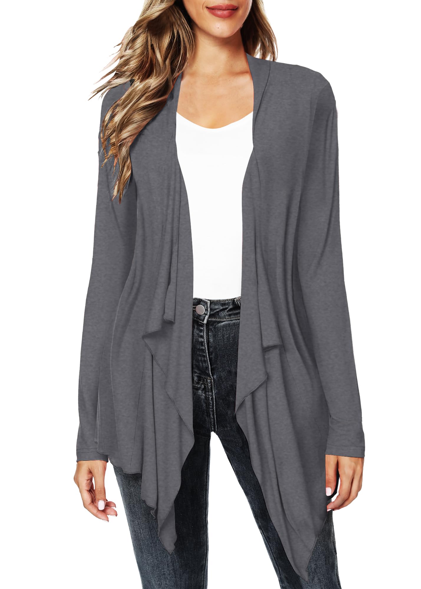 EXCHIC Donna Elastico Slim Fit Drappeggio Frontale Aperto Maniche Lunghe Cardigan con Hem Irregolare