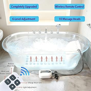 Portable Spa Bubble Bath Massager, Bathtub Spa Mat (49 * 17in) Bath Jets for tub with Remote, 6-Speed Adjustable, Bath Massager for tub with Suction Cup, Pillow, for Body Relaxation