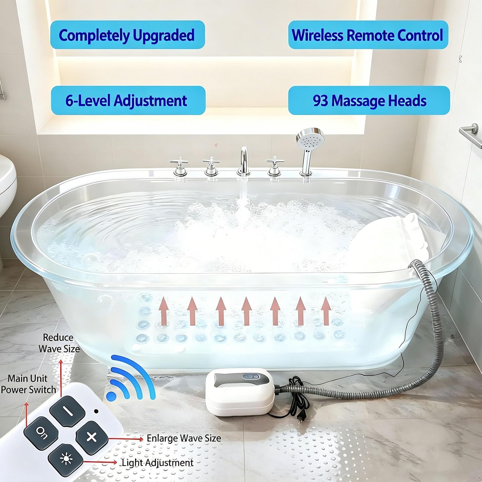 Bubble - Tappetino da bagno (124,5 x 43,2 cm), tappetino per massaggio completo con 7 colori di luce ambientale, 114 getti d'aria, telecomando e cuscino, 6 velocità, per vasche da bagno lisce