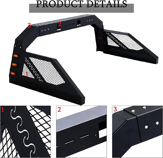 Roll Sport Bar Adjustable Black Steel Chase Rack Compatible with Full Size Pickup Truck, Light Mount