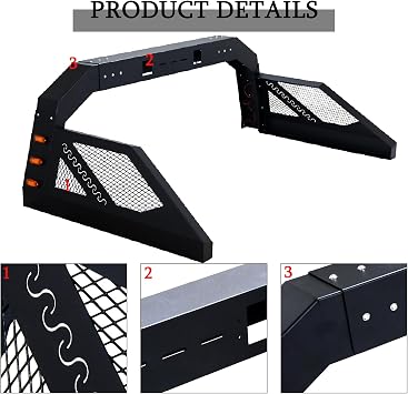 Roll Sport Bar Adjustable Black Steel Chase Rack Compatible with Full Size Pickup Truck, Light Mount