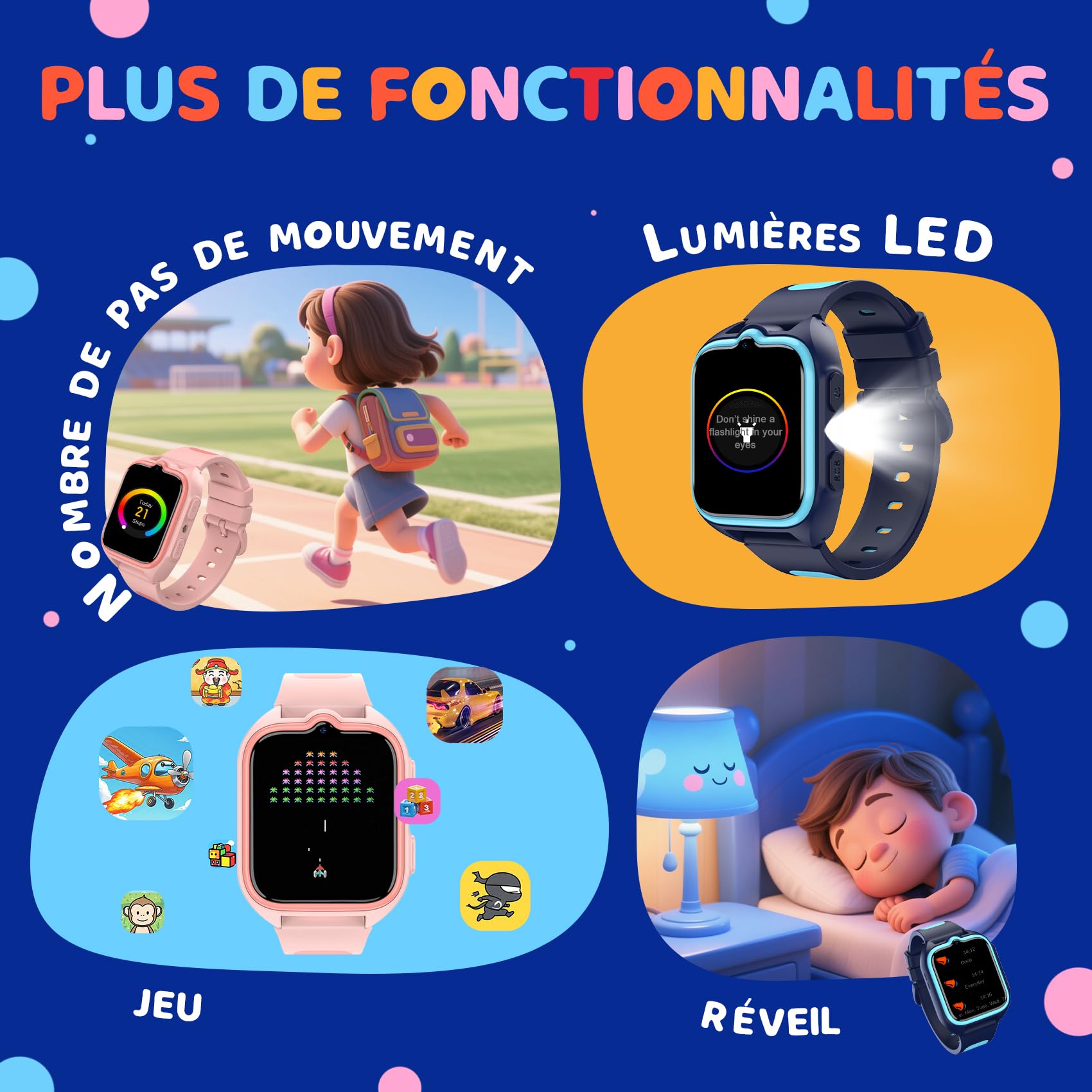 Montre Connectée Enfant 4G avec Localisateur GPS+WiFi+LBS/SOS/Appel Vidéo/Chat Vocal/Appel/Mode Classe/Étanche IP68/ Lampe Poche/Pédomètre & Batterie 800mAh, Montre Tracker Fille Garçon