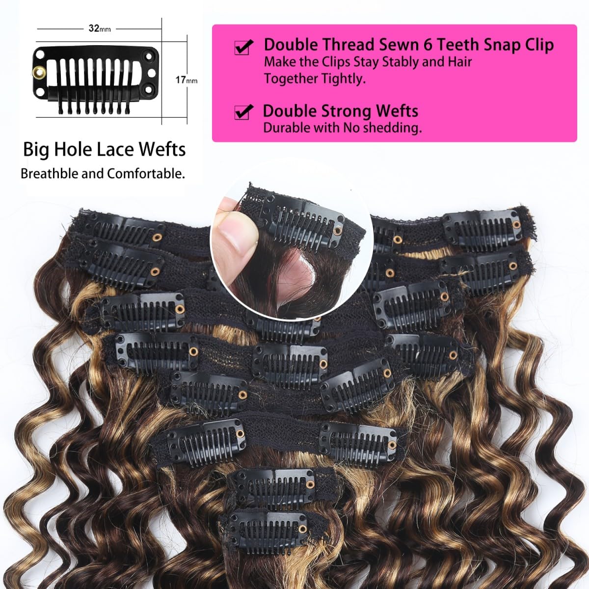 Lot de 8 extensions de cheveux humains Remy ondulés profonds à clip, 45 cm, 120 g, #4/27 marron ombré, pour femmes, ondulations d'eau