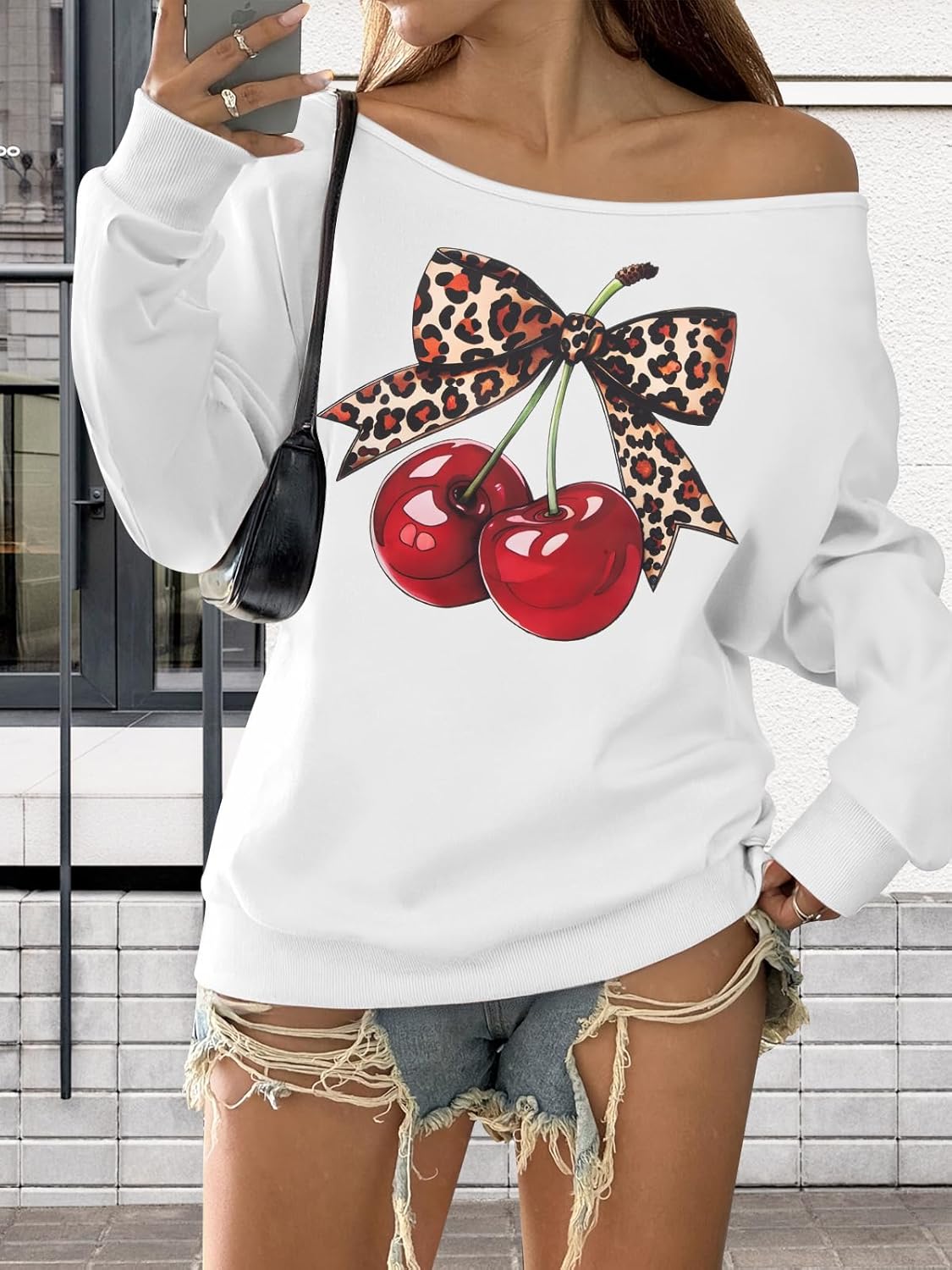 MYHALF Off the Shoulder Sweatshirt for Women Y2K Bow Graphic Pullover Tops Drop Shoulder Long Sleeve Cute Sweaters - Image 2