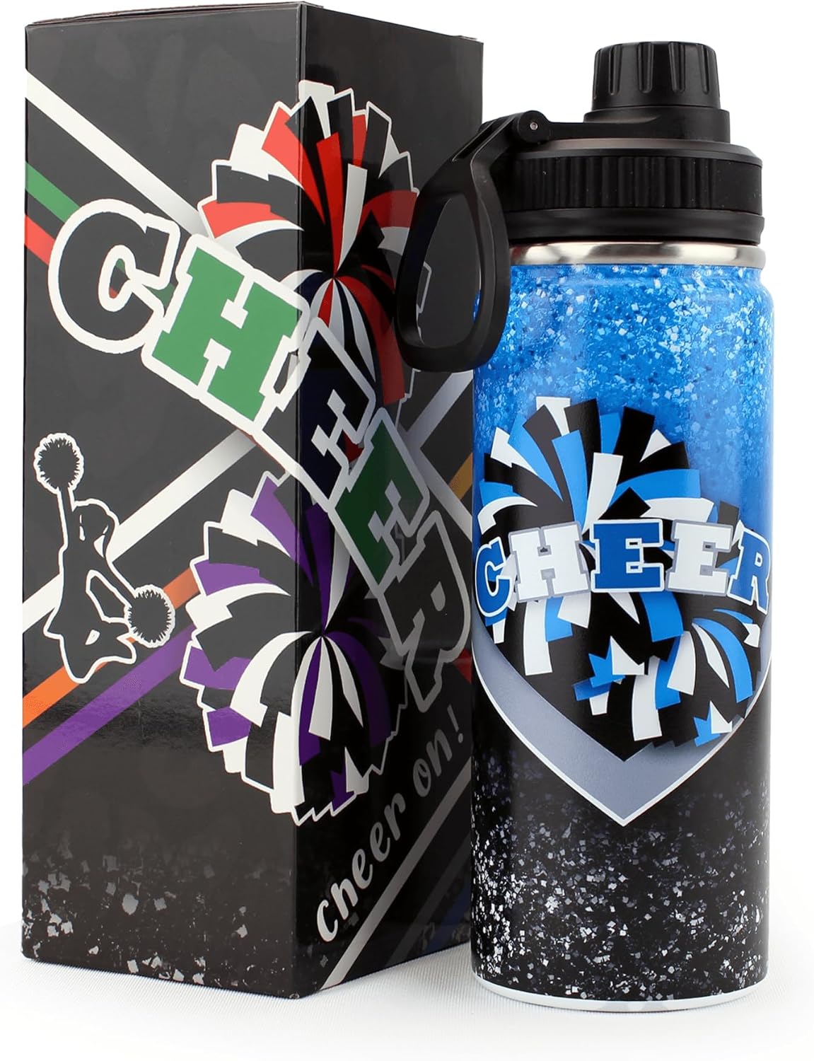 Cheer Water Bottle for Girls 18 oz, Insulated Stainless Steel Sports Bottle with Handle, Cheerleader Gift Bulk for Team Squad Gifts (Winered Black)