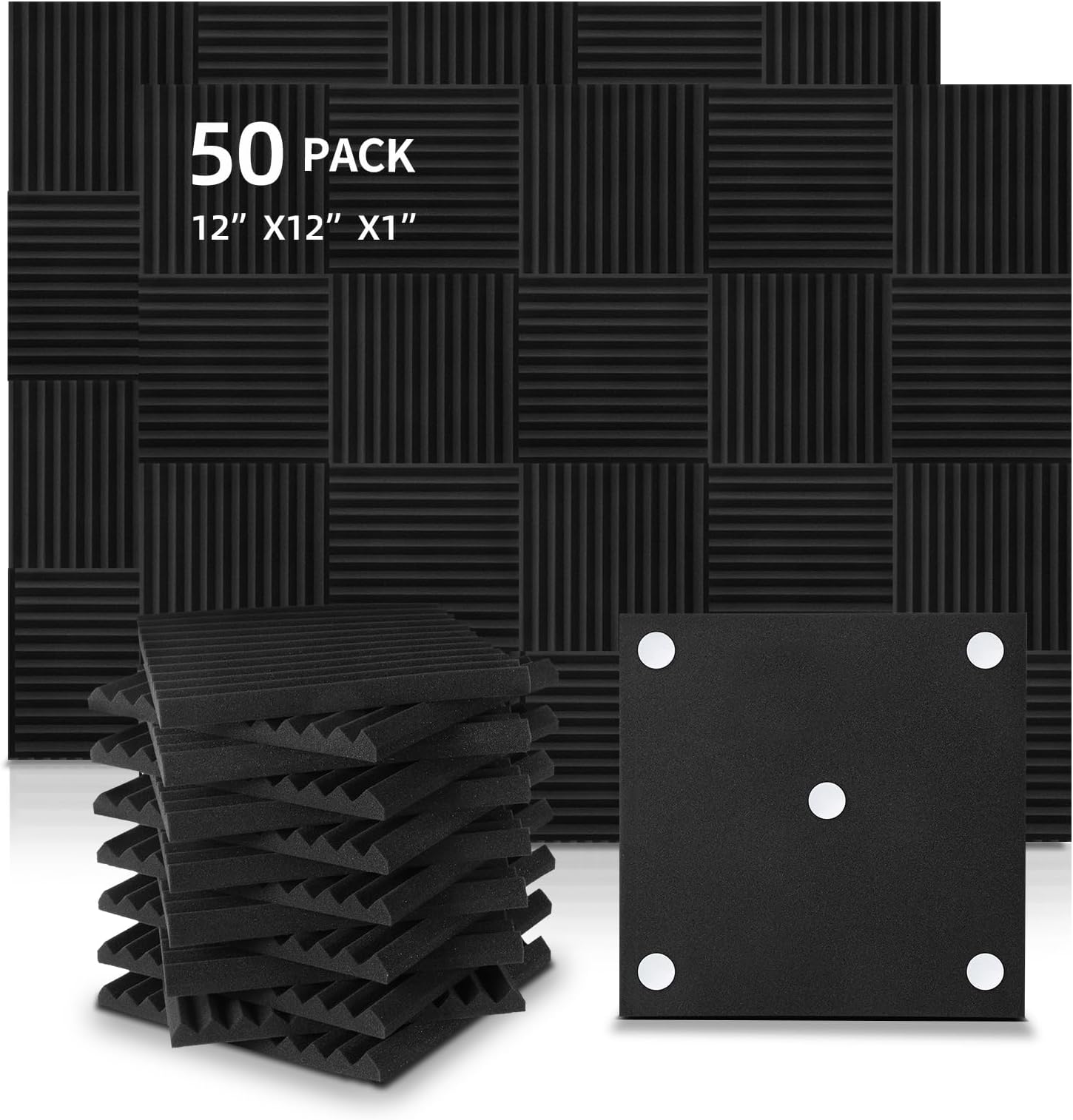 Acoustic Foam Panels, Recording Studio Treatments Foam Panels – 1 Inch Thick 12x12 (50 Pack) | Sound Observing Soundproofing Fireproof Wall Foam Tiles | For Studio Office Home (Black)