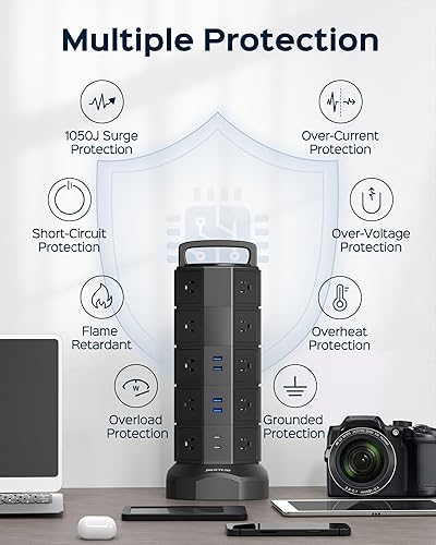 Miniatura 6 de Torre de regleta de alimentación, 20 salidas de CA, 6 puertos USB (2 USB C), protector de sobretensiones 1050J, estación de carga de escritorio de