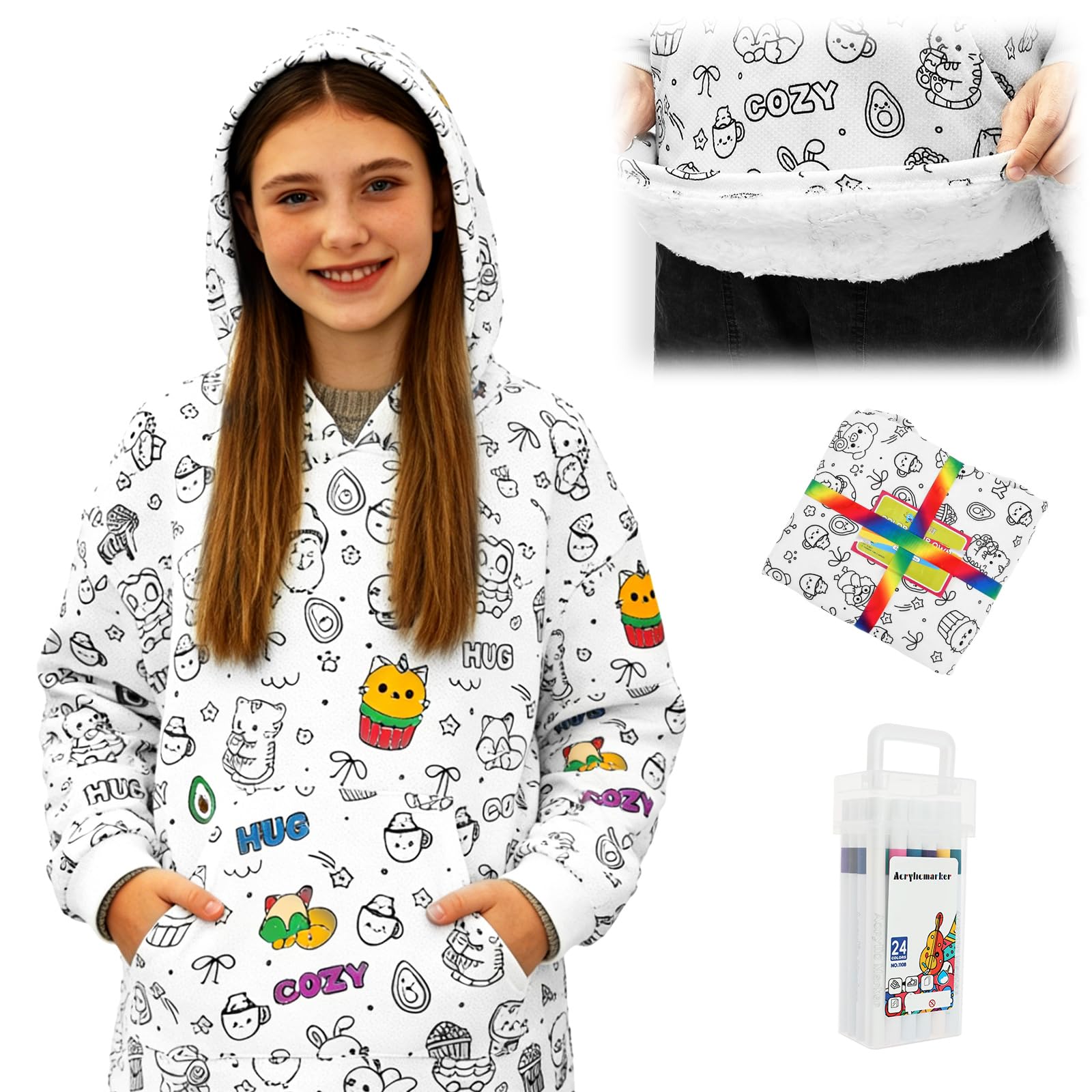 Koc z kapturem do samodzielnego ozdobienia, barwiony koc z 24 trwałymi markerami do materiału, kreatywna, spersonalizowana, DIY, przenośna bluza z kapturem do sypialni, salonu, książki do