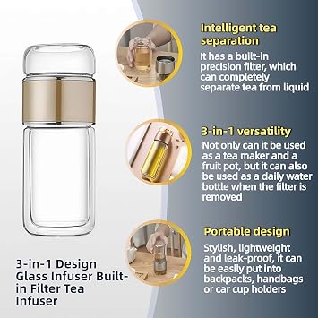 Glass Infuser,2025 New 3-in-1 Design Glass Infuser Built-in Filter Tea Infuser,Double-Layer Tea-Leaf Separation Tea Maker with Filter,Used for Tea and Other Drinks (Pink, 420ml)