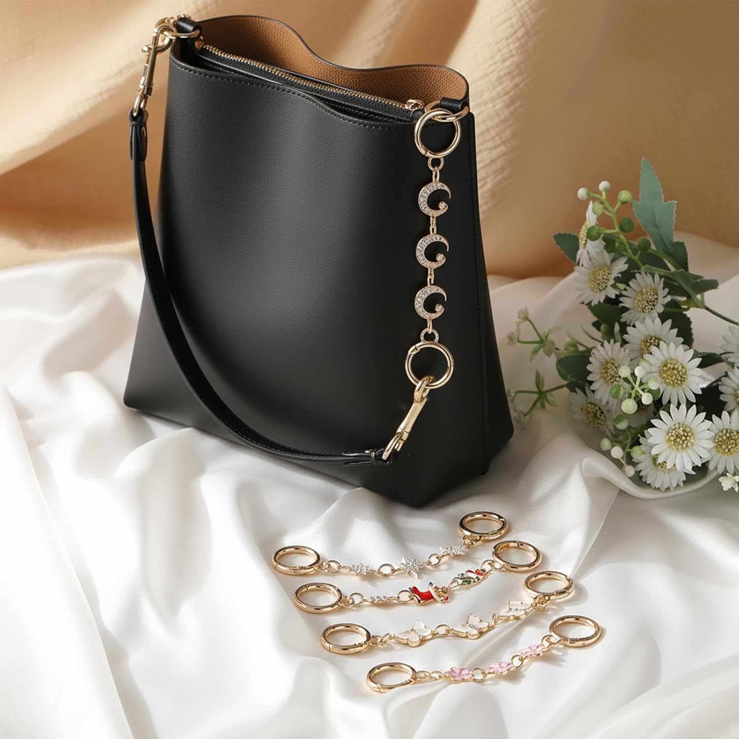 Gold Enamel Flower Purse Extender Chain Bag Charm Strap