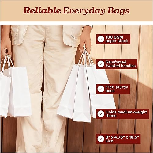 Miniatura 81 de PTP BAGS Bolsas Jr. Mart blancas de 13 x 7 x 13 pulgadas, bolsas de papel blanco con asas [paquete de 250] para regalo de papel kraft reciclable