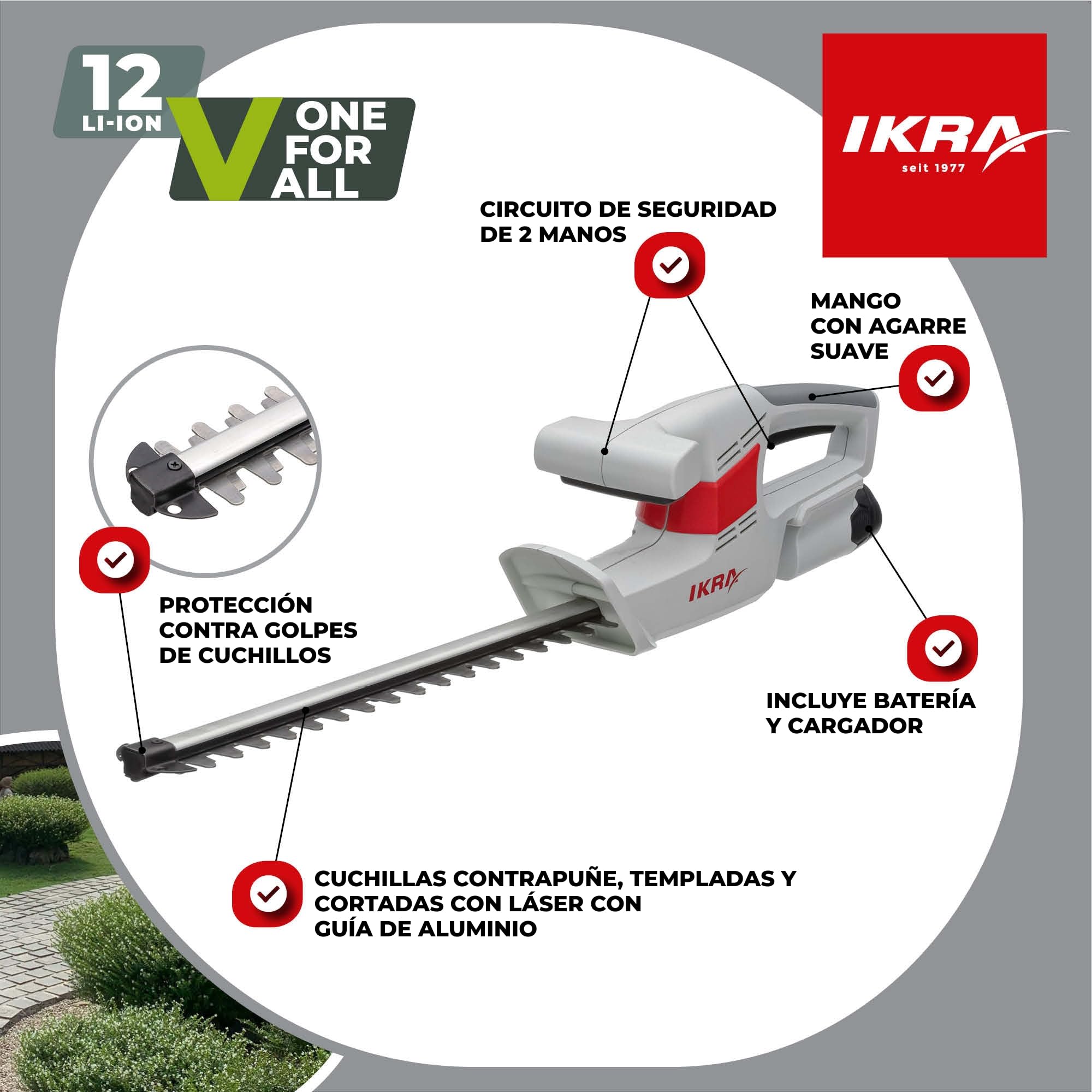 IKRA Cortasetos IAHS 1240, con batería y Cargador, Peso Ligero de 2 kg | Cuchilla con guía de aluminio y protector, longitud 41cm, grosor de corte 14mm, compatible con la gama de baterías IKRA 12V
