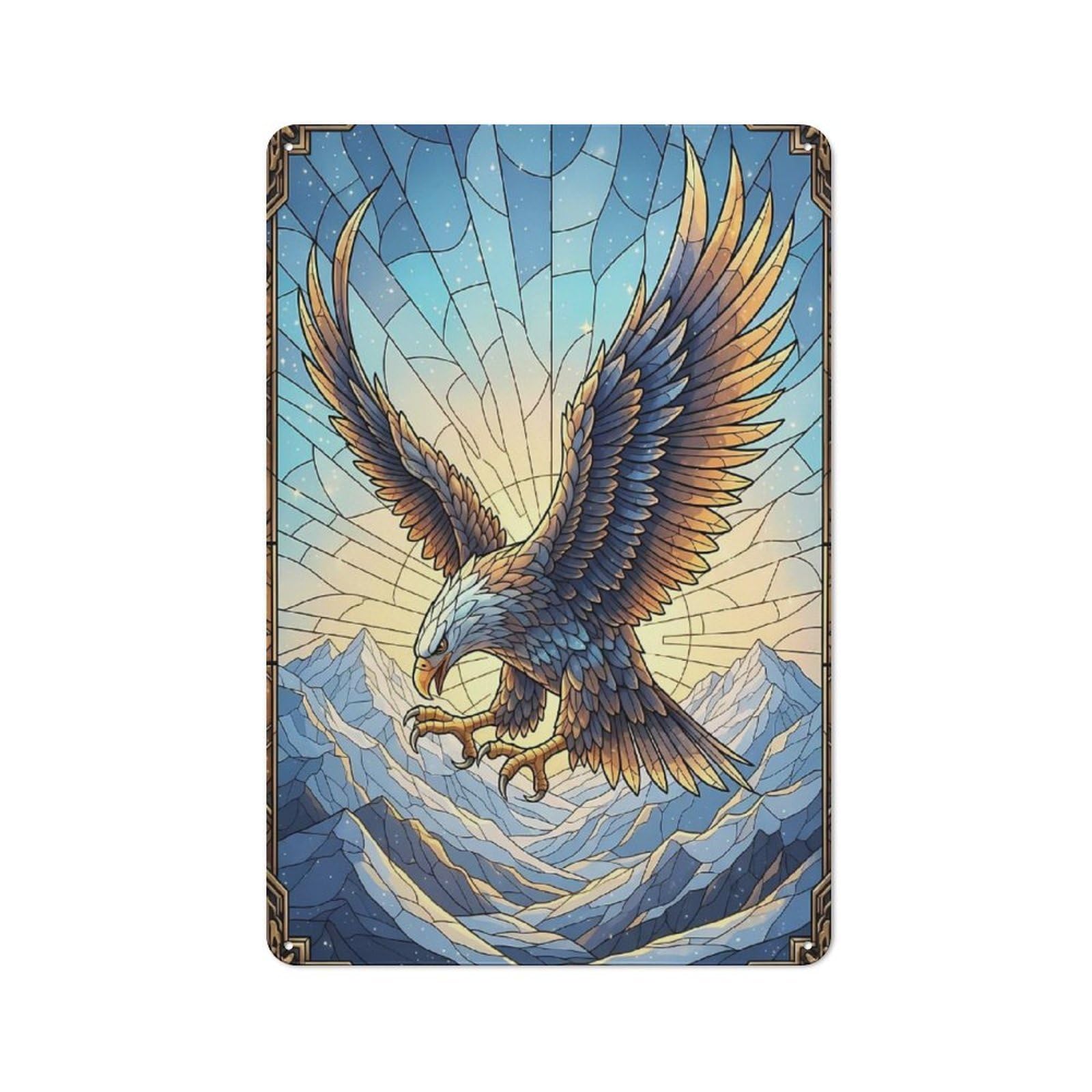 Outdoor Room Shed Metal Sign 30x20cm Featuring Stained Glass Eagle Over Mountains, Utility Space Decor for Patio Bar, Workshop, Shed Or Kitchen