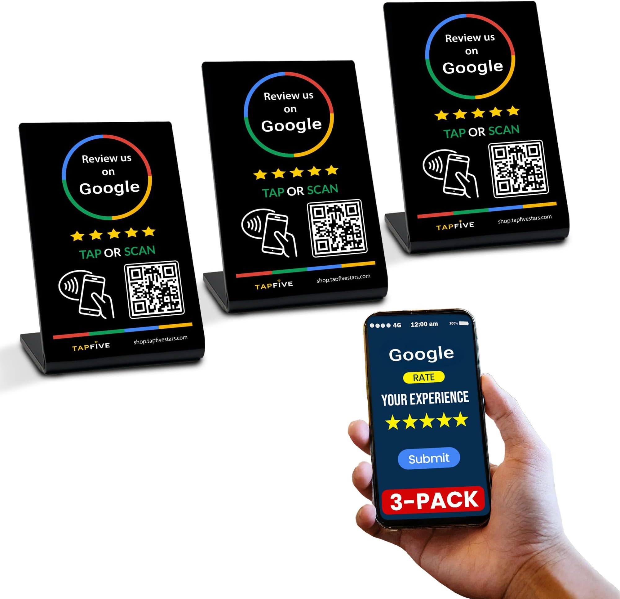 Tap Google Review Stands (3-Pack) - Tap for Instant Reviews - All Phones Compatible - Reusable Smart Tap NFC & QR - Boost Business Reviews Zappy Fast - Powered (Black, 3 Stands)