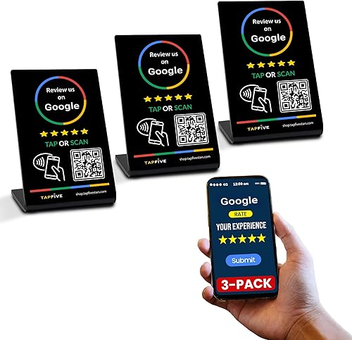 TapFive - Soporte para grifo de revisión de Google, paquete de 3 unidades, reutilizable Smart Tap NFC y QR para reseñas instantáneas, iPhone y