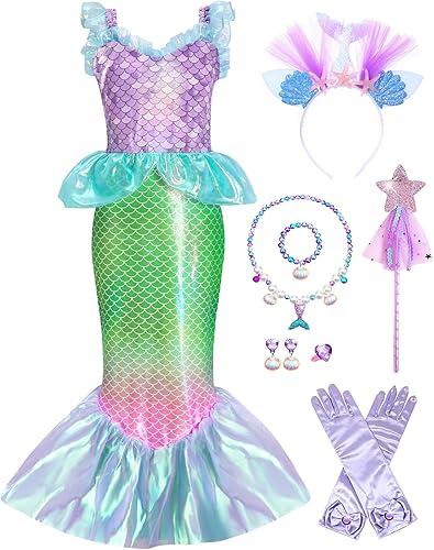 PUNKSUIT Disfraz de Sirenita para niñas, disfraz de princesa sirena Ariel con accesorios