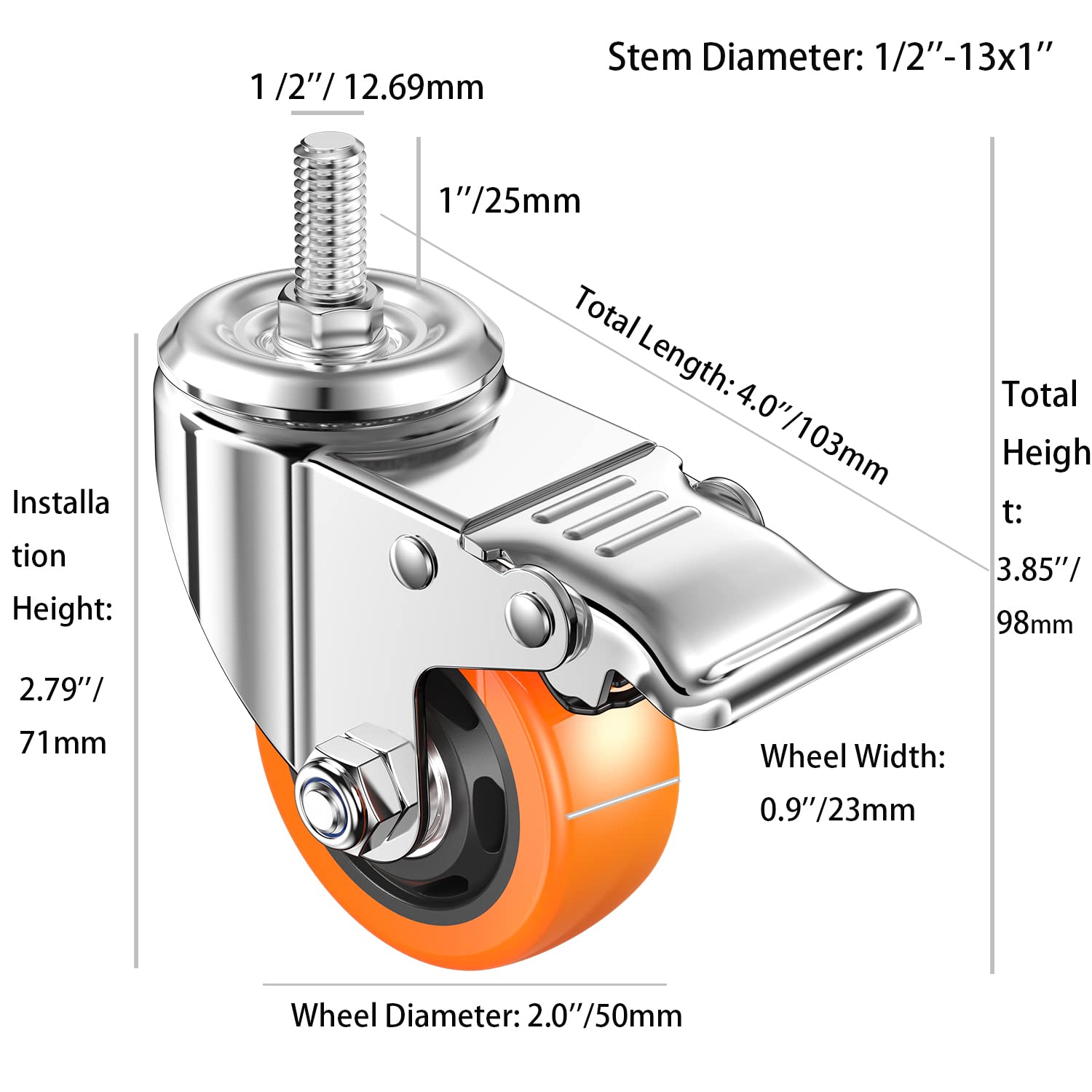 4 Stück Robuste Lenkrollen mit Gewindestange mit US-Größe 1/2 Zoll Gewinde 33 x 1 Zoll Doppelverriegelungsrad mit Bremsen (5,1 cm, mit Bremse)