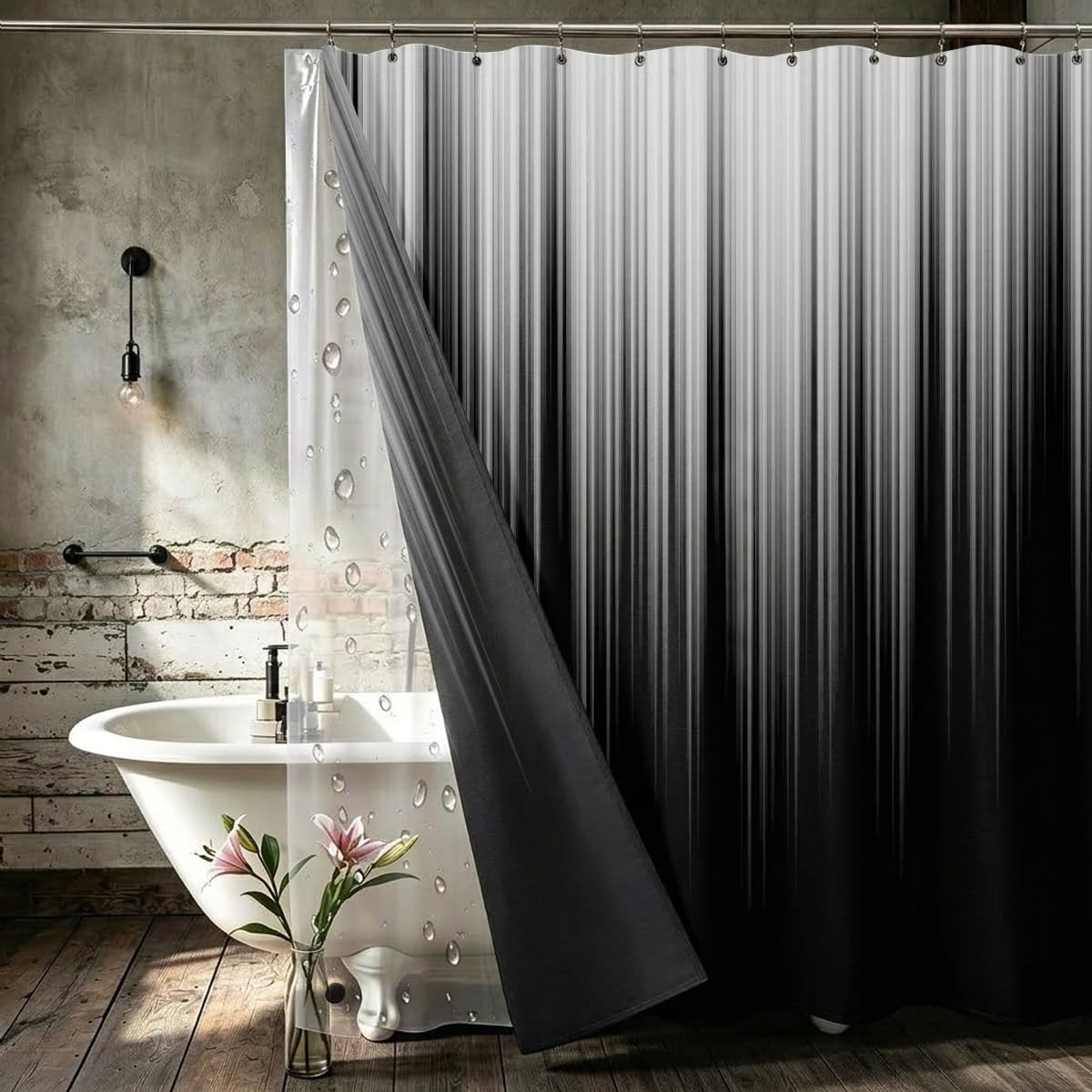 AAtter 3 in 1 Black White Gothic Shower Curtain Set, 72x72 Inch, 12 Hooks