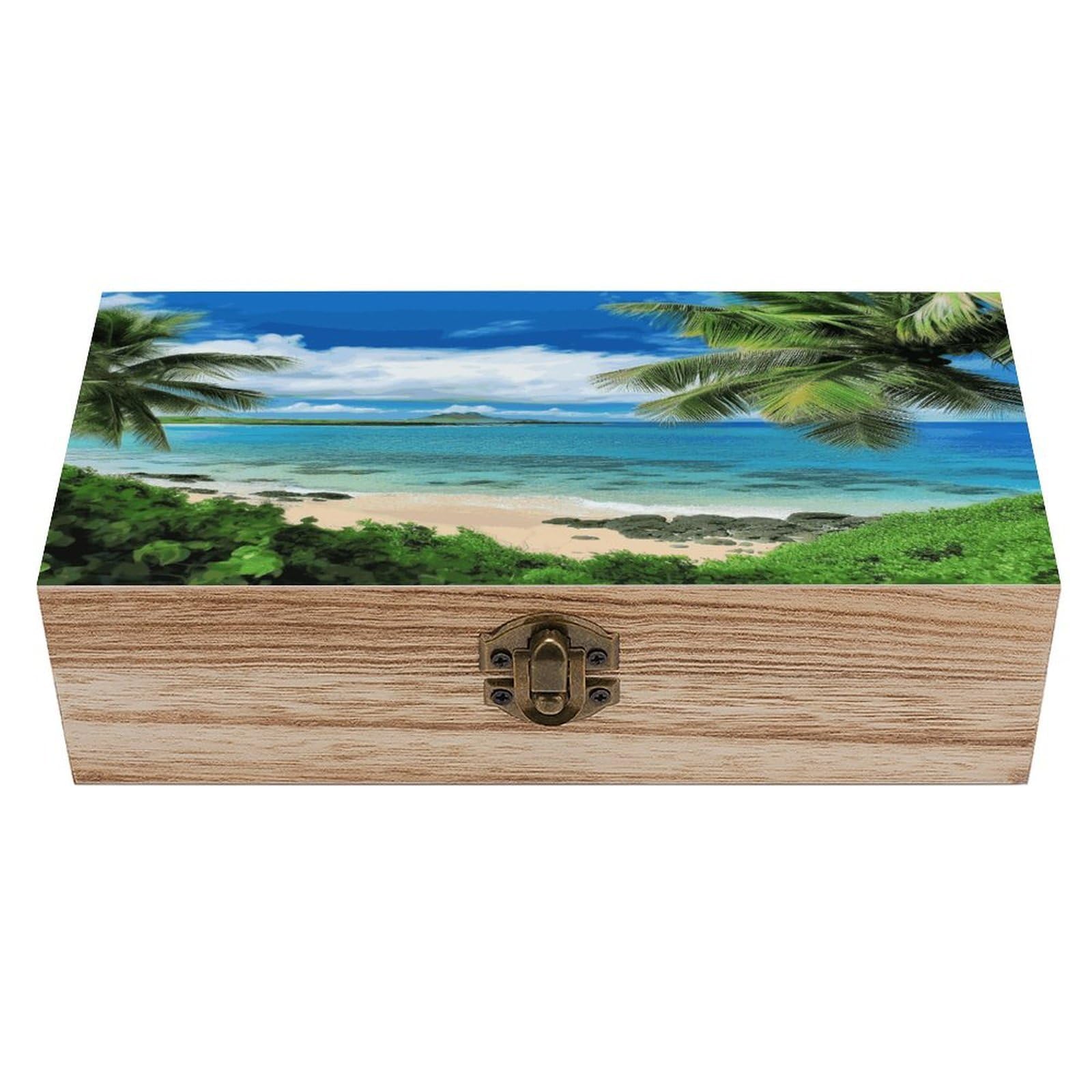 VstaDank Tropical Palm Tree Hawaii Beach Wooden Storage Box Wooden Keepsake Box with A Hinged Lid Fashion Memory Treasure Boxes Decorative Jewelry Case for Crafts Photo Home Decor Wood Gift Box