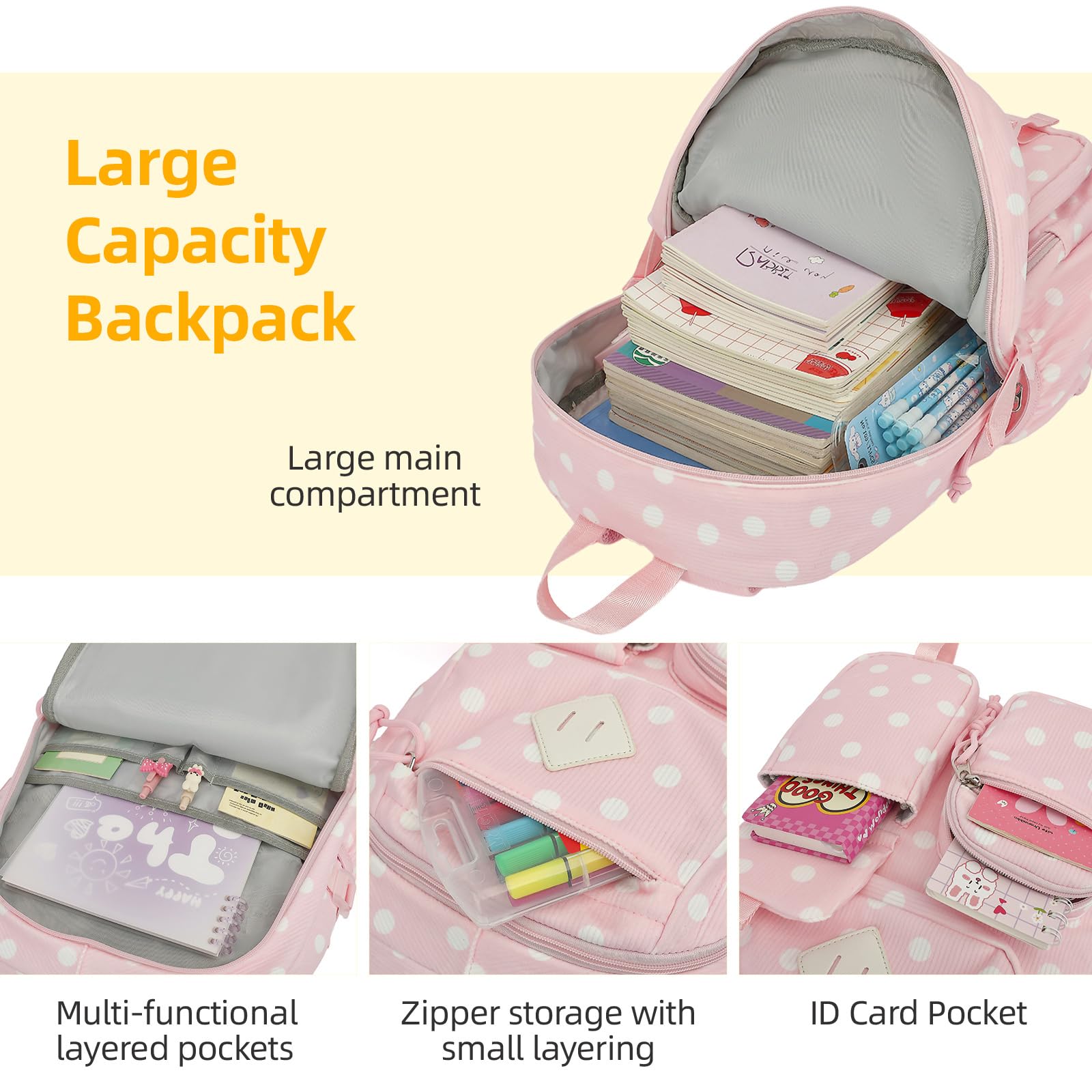 3-teiliges Schulrucksack-Set aus Cord für Mädchen, Kinder, großes Fassungsvermögen, Schultasche, Büchertaschen-Set mit Lunchbox und Federmäppchen, Cord, gepunktet, 16.5" x 11.9" x 6.3", Casual