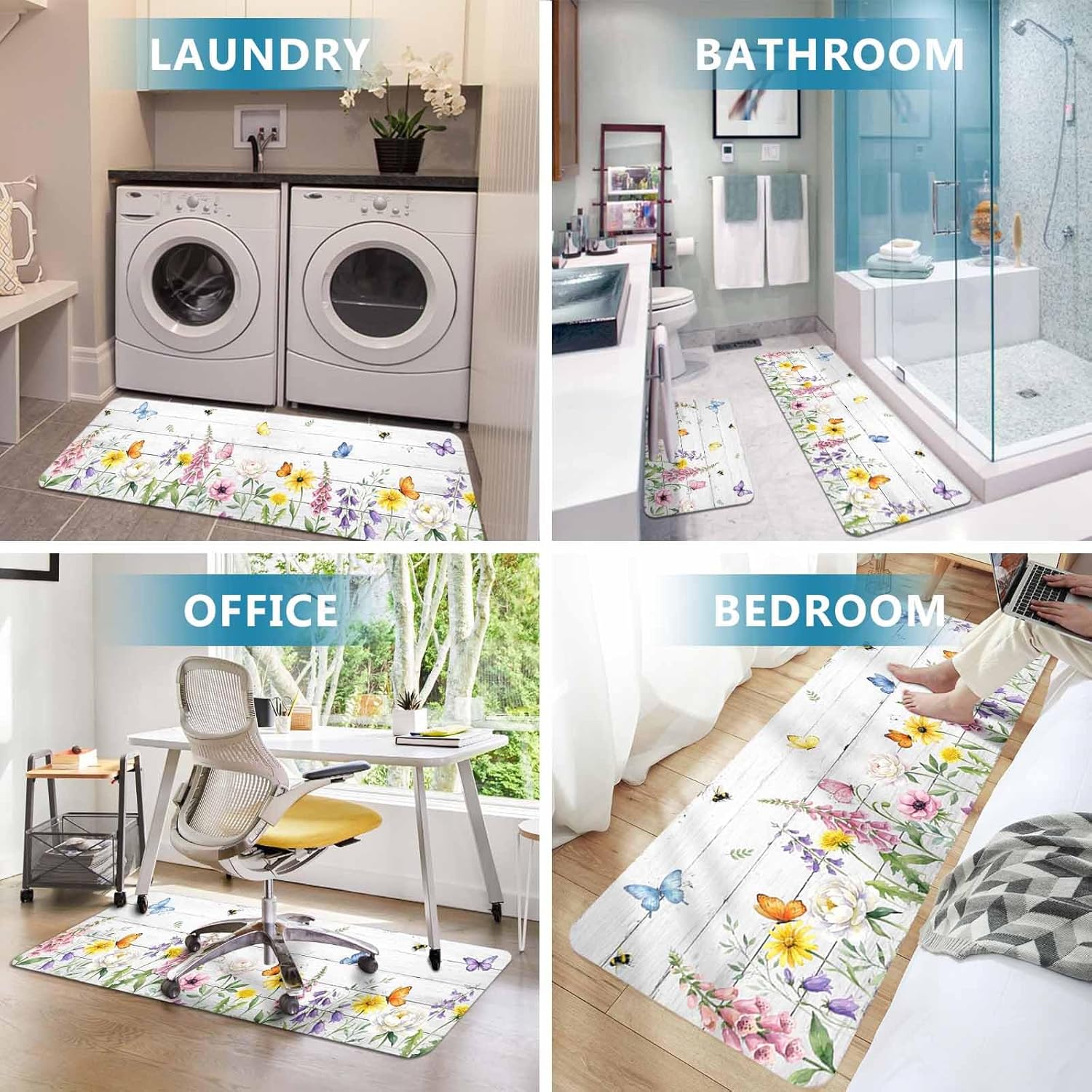 Summer Flower Kitchen Mat Set 2 Pieces Spring Pink Floral Colorful Butterfly White Wood Grain Non Slip Kitchen Rugs Washable Runner Rug Mats for Floor Sink Laundry Office 19.7" x 31.5"+19.7" x 47.2"