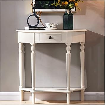 Half Moon Console Table Solid Wood entryway Tables with Drawer and Shelf Contemporary Accent Tables Vintage Sofa Table for Living Room, Hallway & Entrance DecorWhite,100cm/39.4in