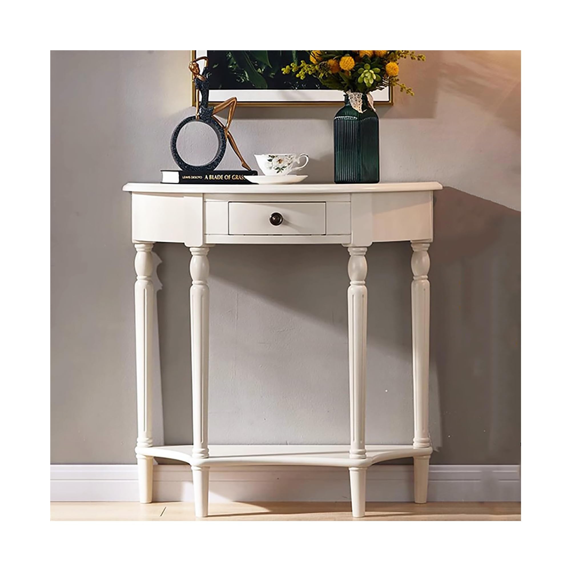 Consolle a mezzaluna in legno massello, tavolino da ingresso con cassetto e ripiano, tavolino d'appoggio in stile contemporaneo e vintage per soggiorno, corridoio(White,60cm/23.6in)