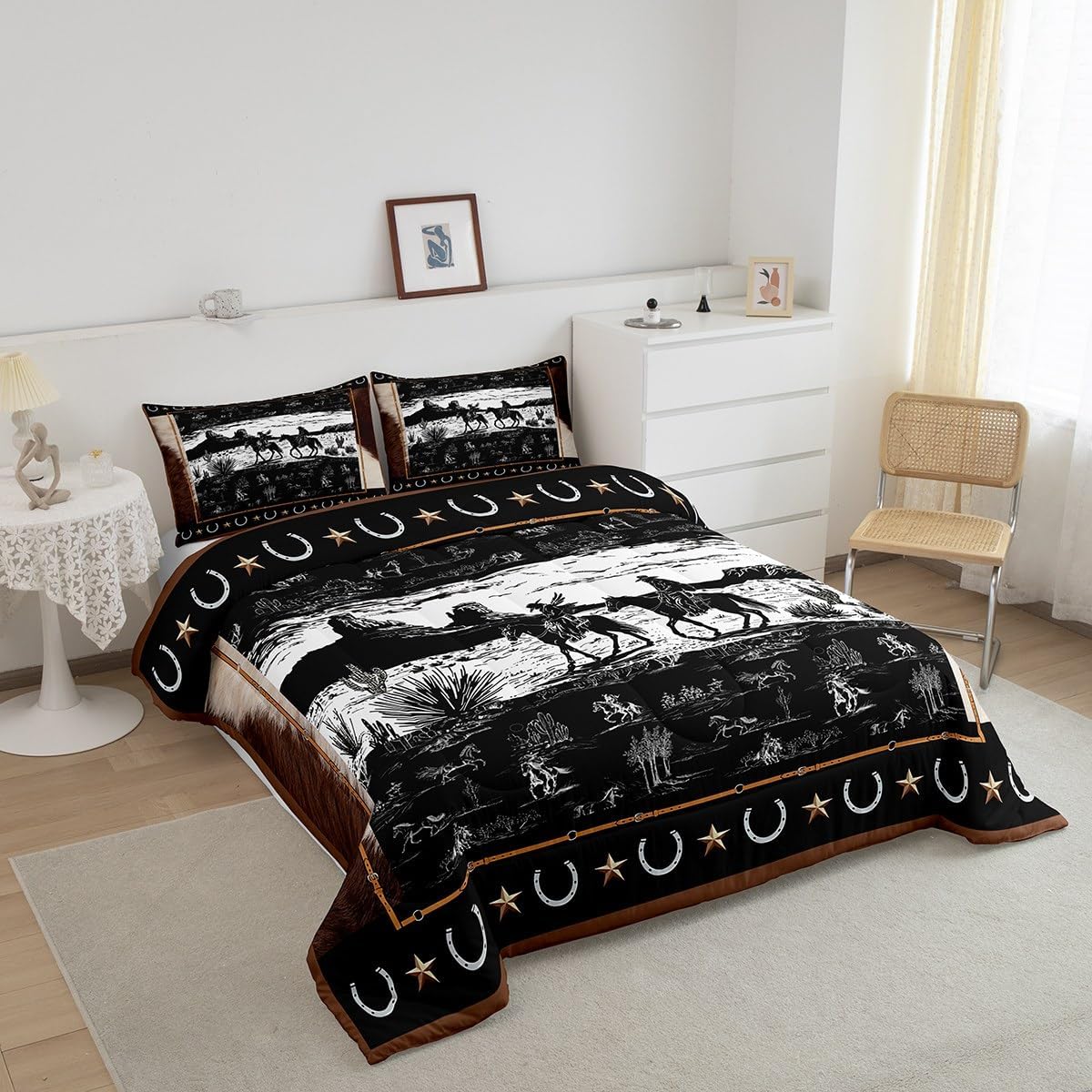 Feelyou Western Aztec Comforter Set King Size Horse Cowboy Bedding Set for Boys Men Kids Teens Rustic Western Decor Country Wild West Down Comforter Black and White Duvet Set with 2 Pillowcase - Image 3